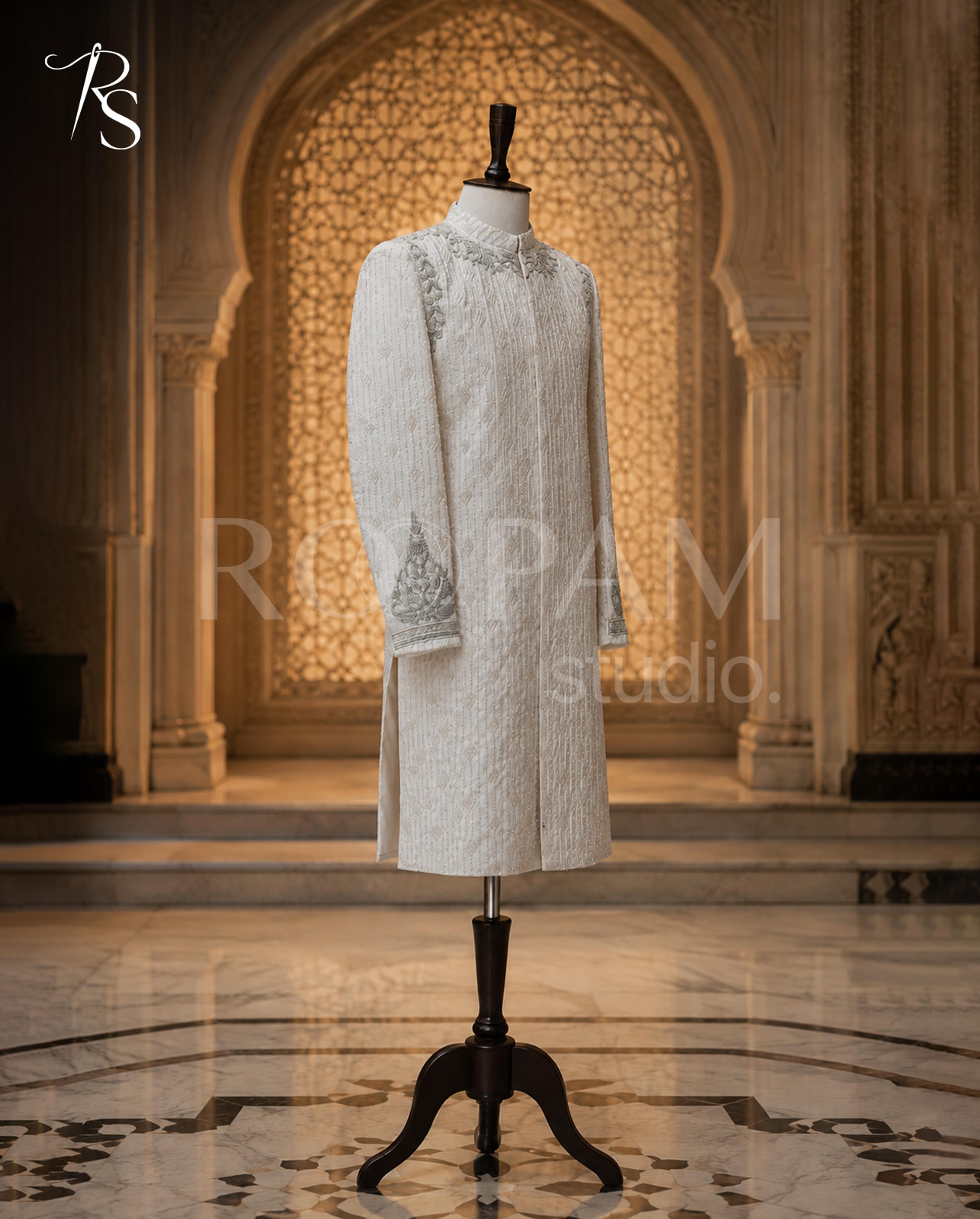 Designer Ivory Long Sherwani with Silver Accents and Pearl Embroidery