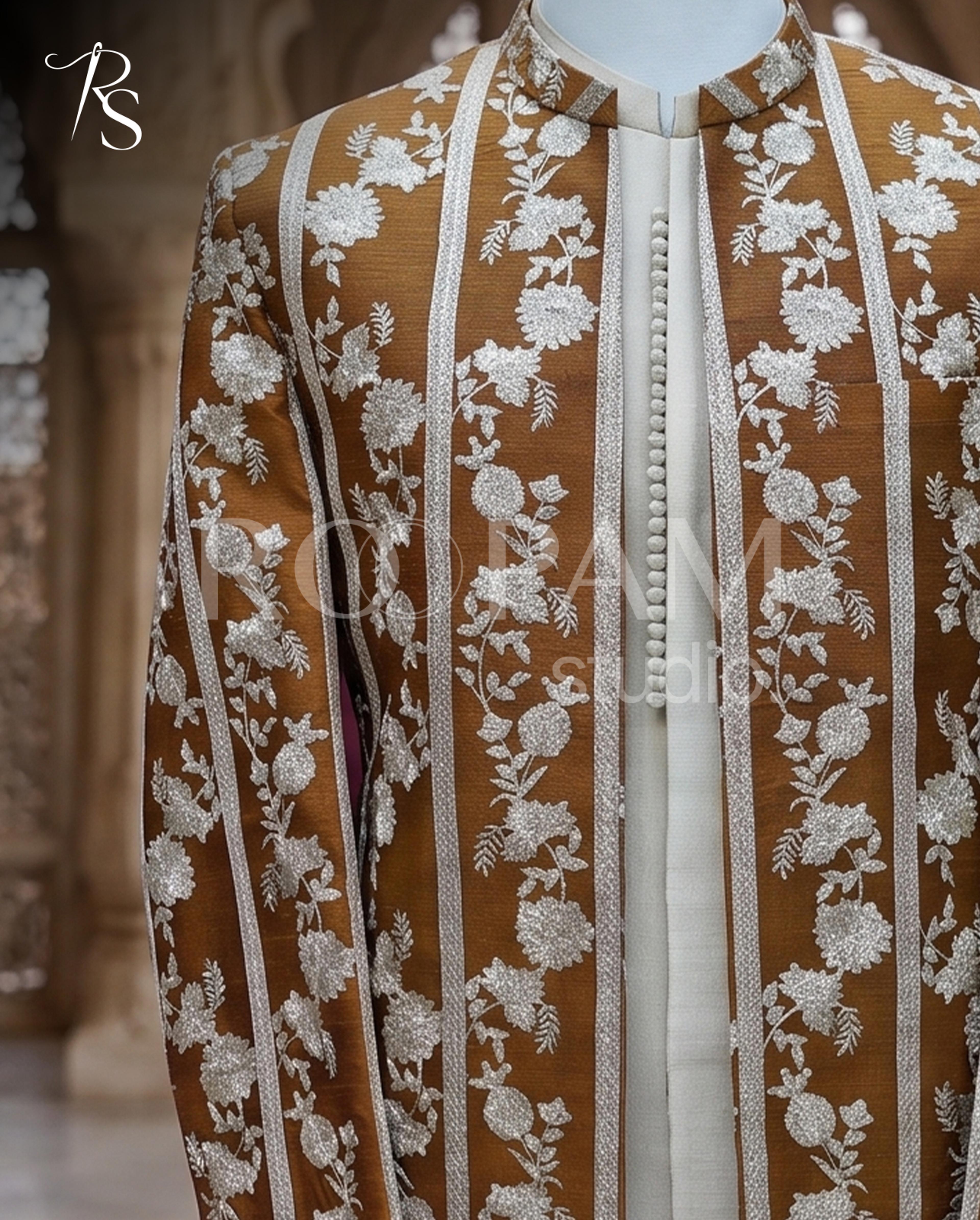 Royal Brown & Silver Floral Open Sherwani - Thumbnail 2