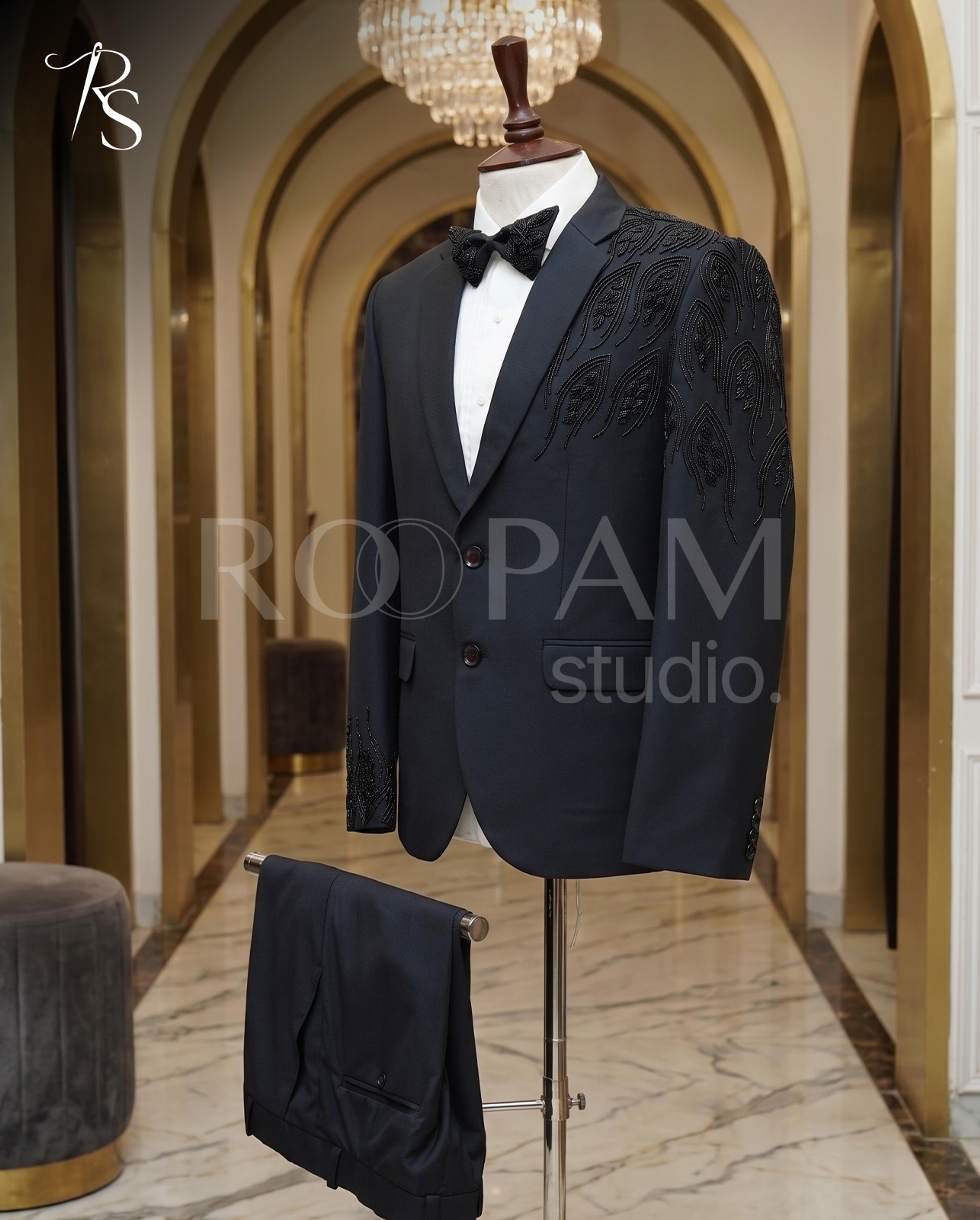 Luxury Black Asymmetrical "Feather Motif" Beaded Suit (2-Piece)