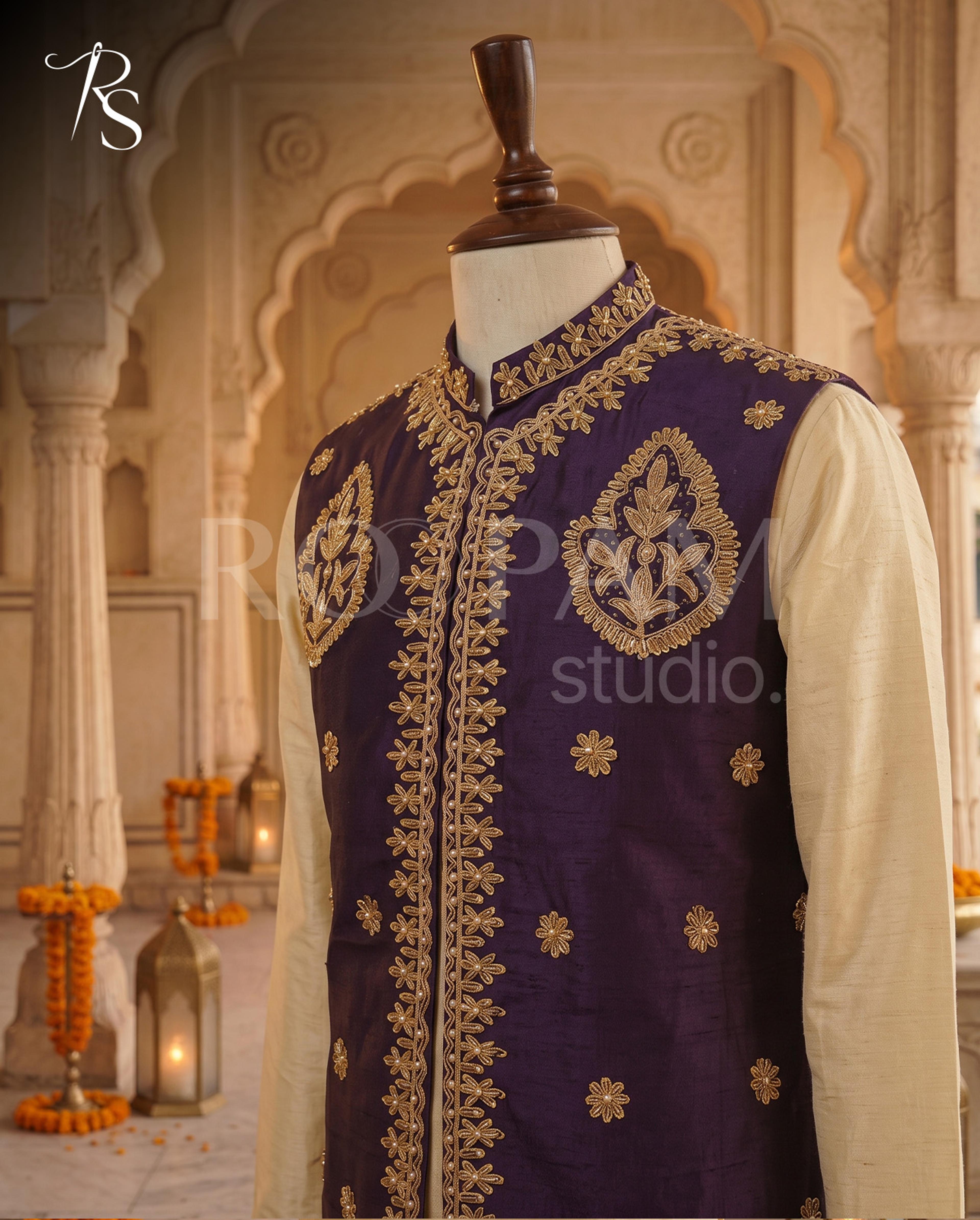 Roopam Studio Royal Purple Embroidered Silk Waistcoat