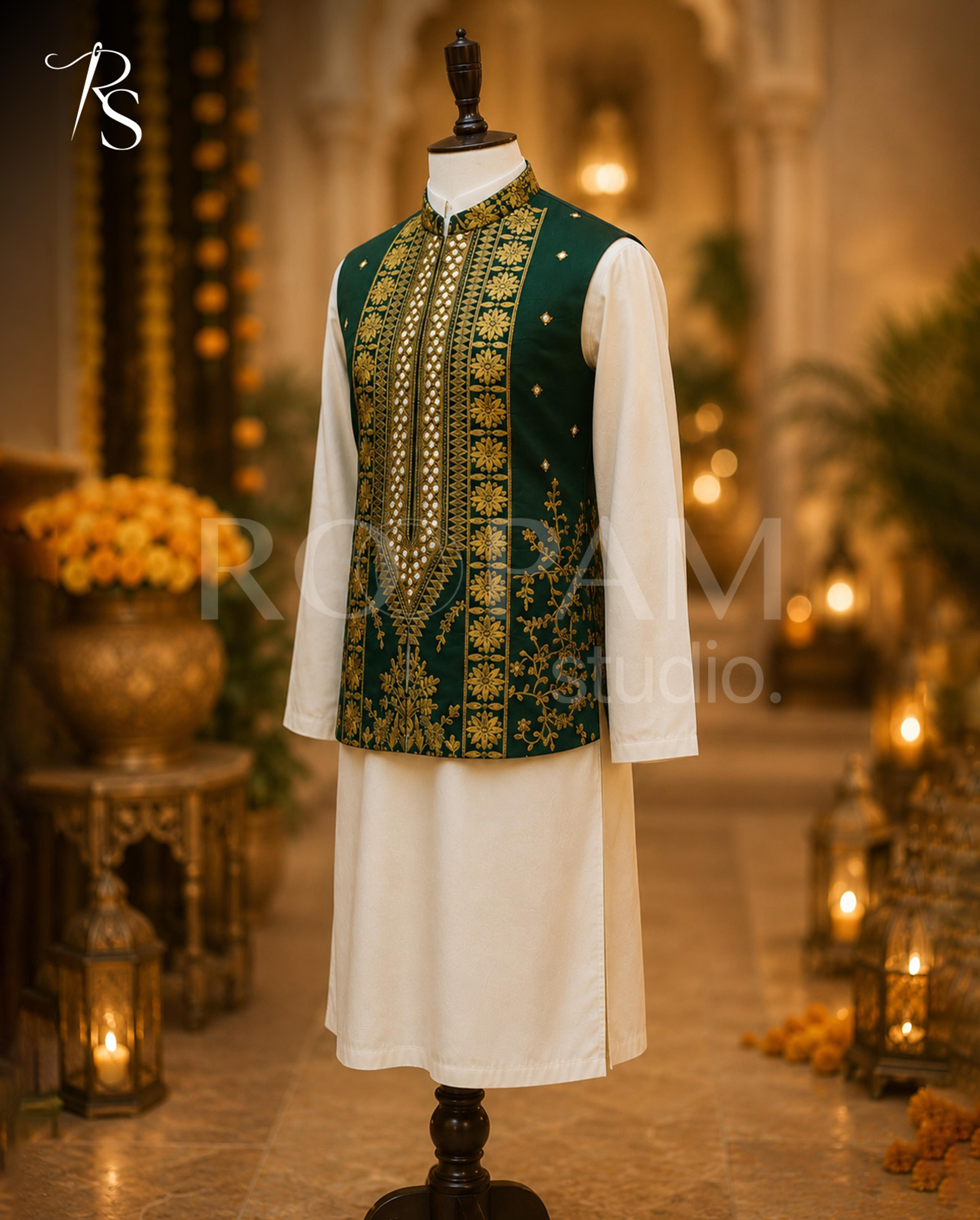 Premium Emerald Green Embroidered Waistcoat - Thumbnail 1
