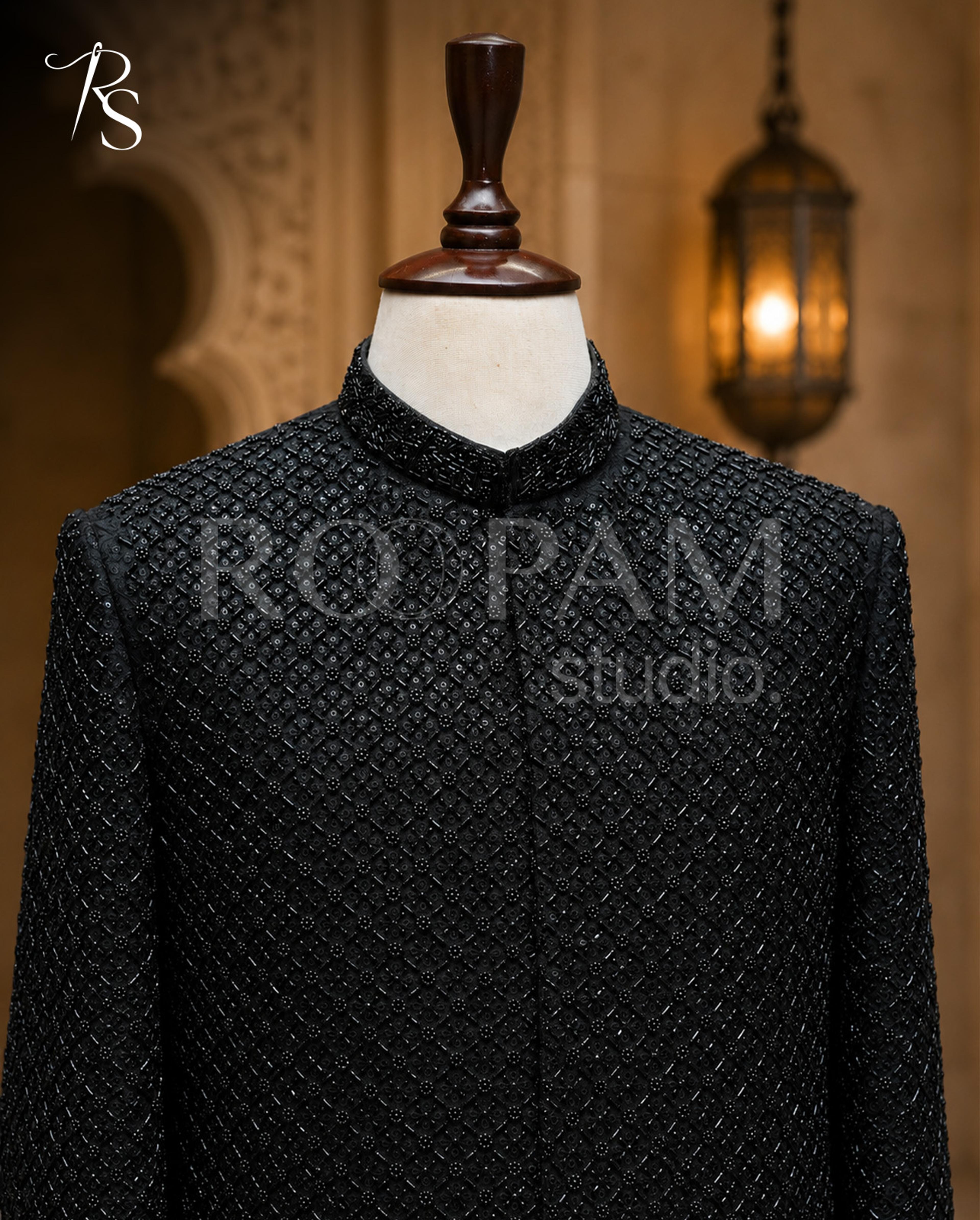 Premium Black Beaded Embroidered Sherwani - Thumbnail 2