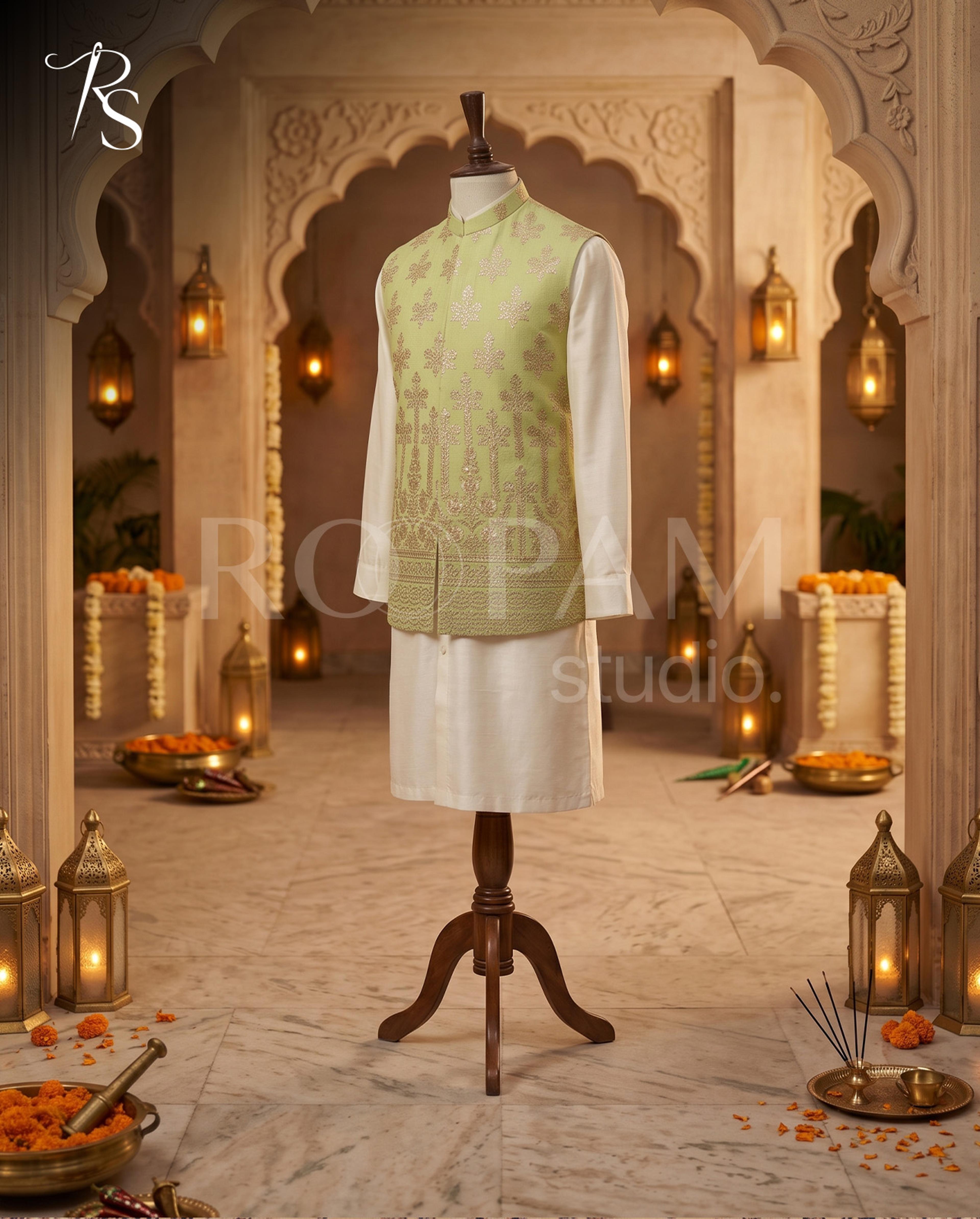 Roopam Studio Mint Green Embroidered Luxury Silk Waistcoat - Thumbnail 2