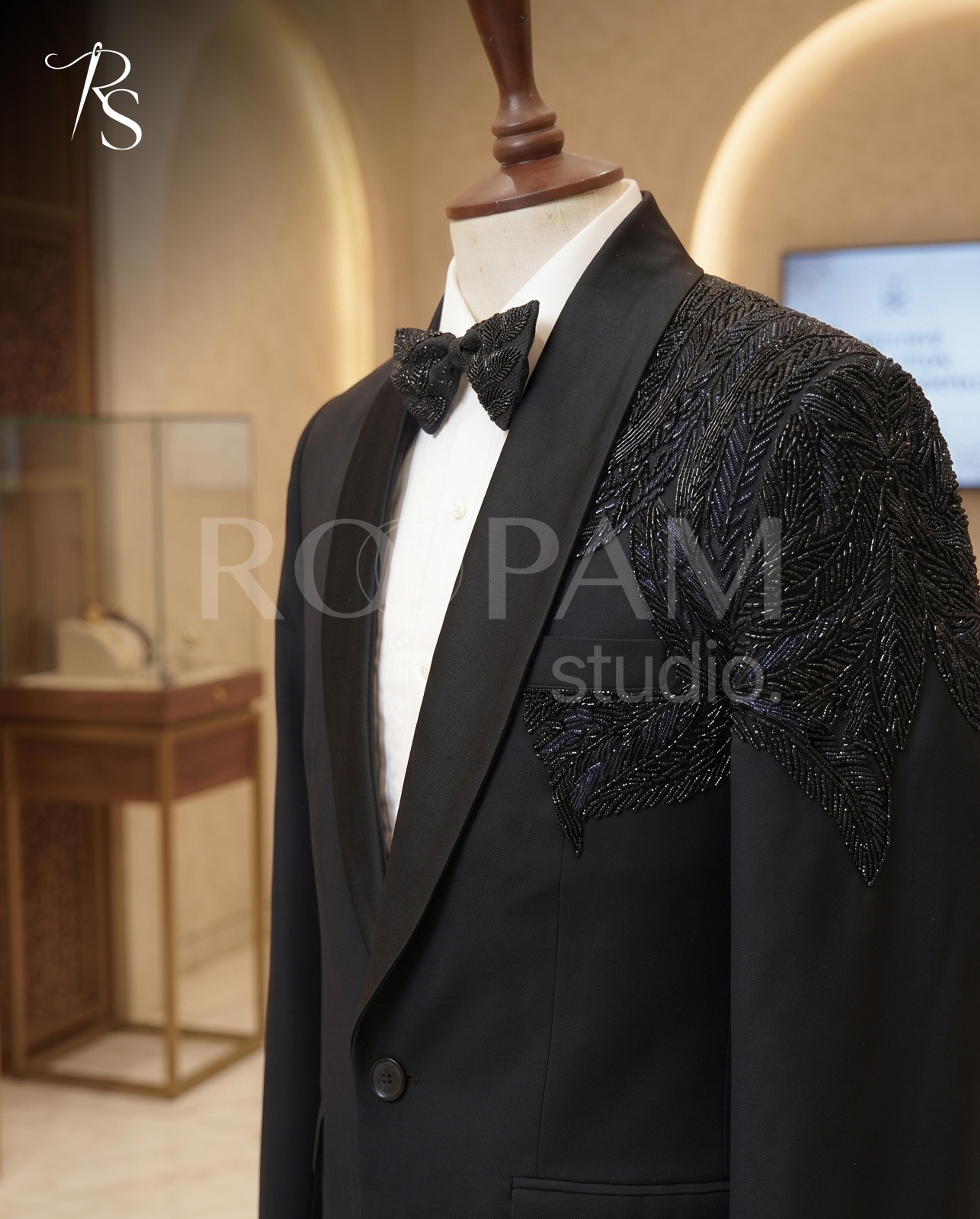 Luxury Black Hand-Embellished "Wing Motif" Tuxedo Suit (2-Piece) - Thumbnail 2