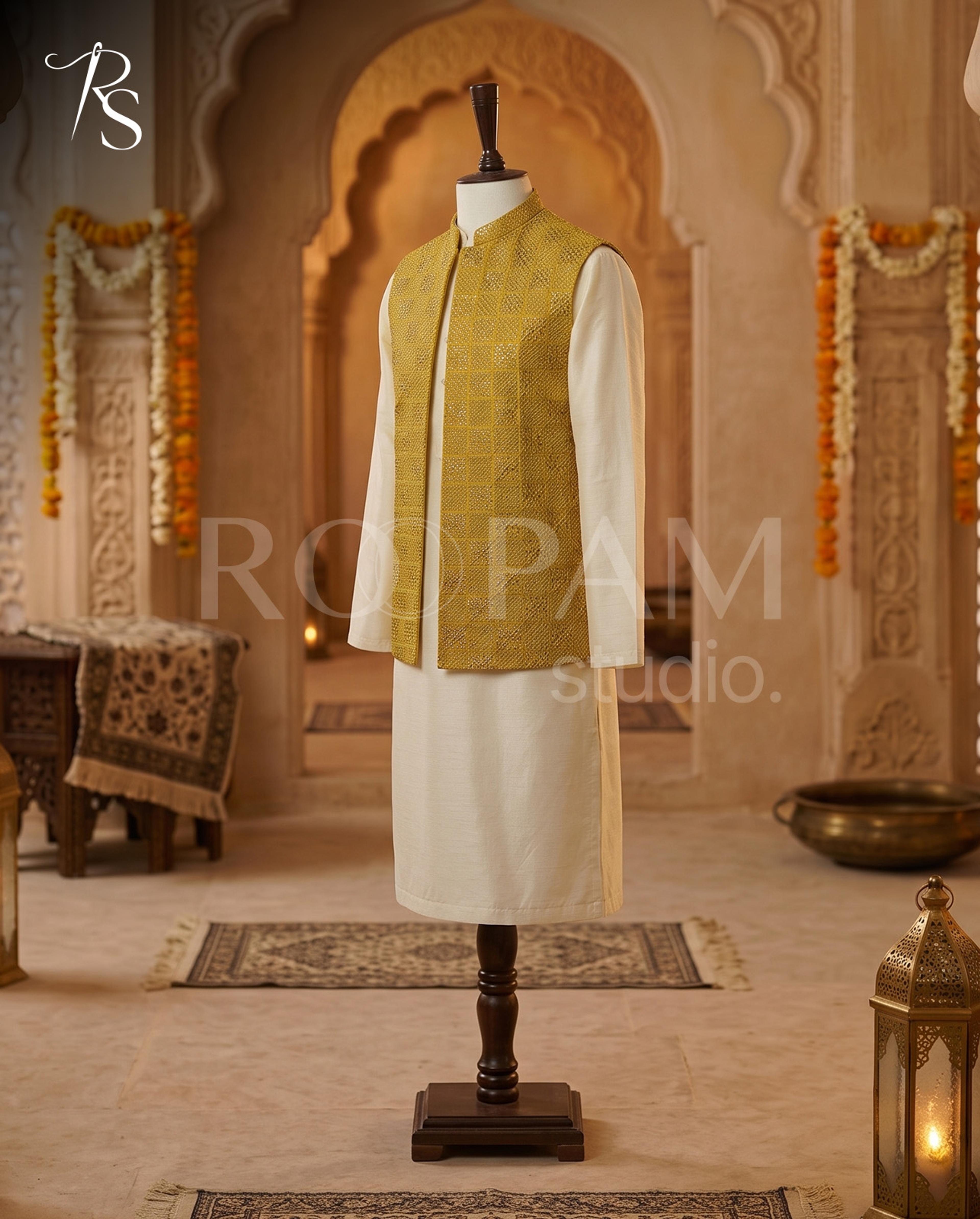 Premium Mustard Gold Geometric Embroidered Waistcoat - Thumbnail 3