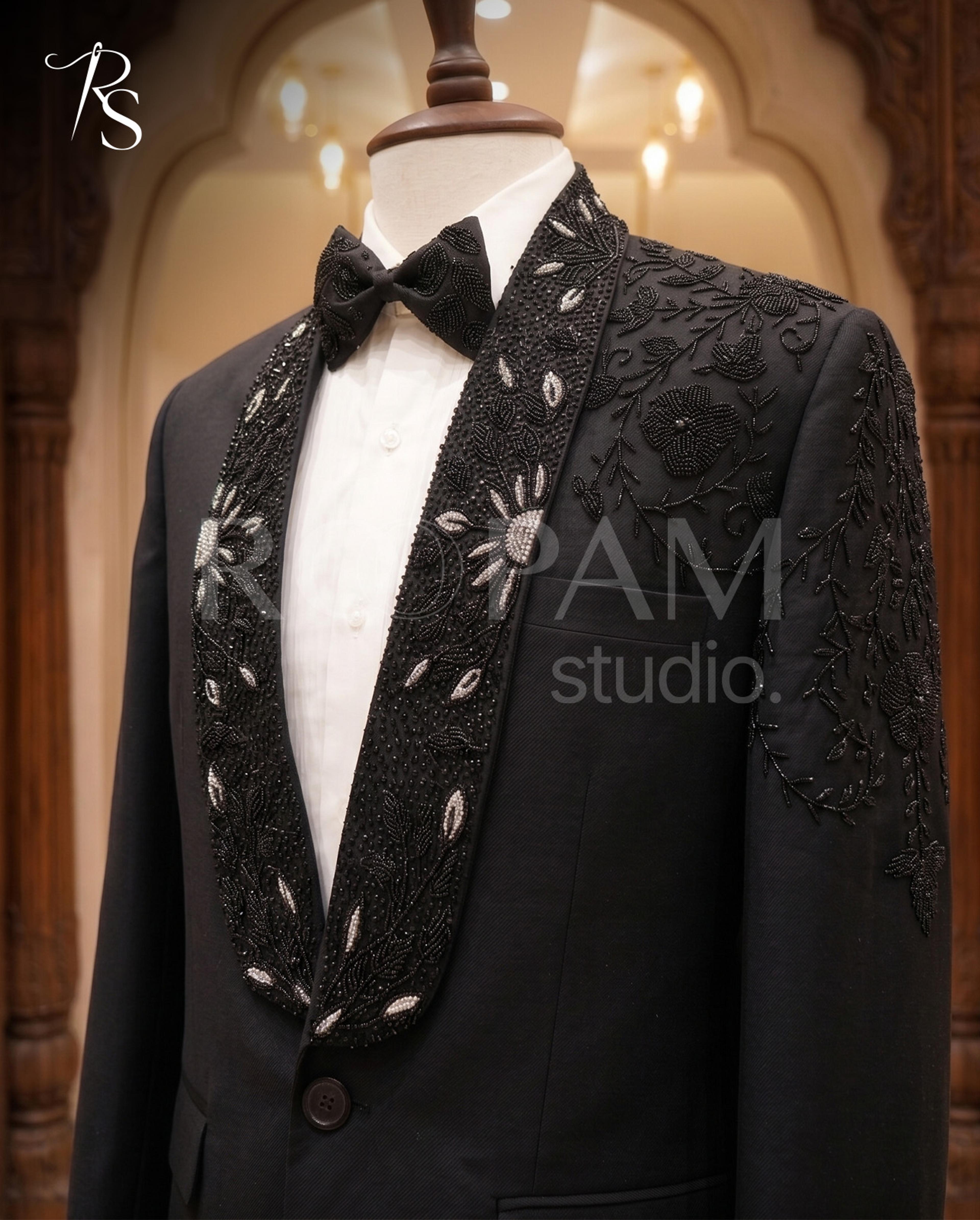 Premium Midnight Blue Embellished Tuxedo Suit - Thumbnail 1