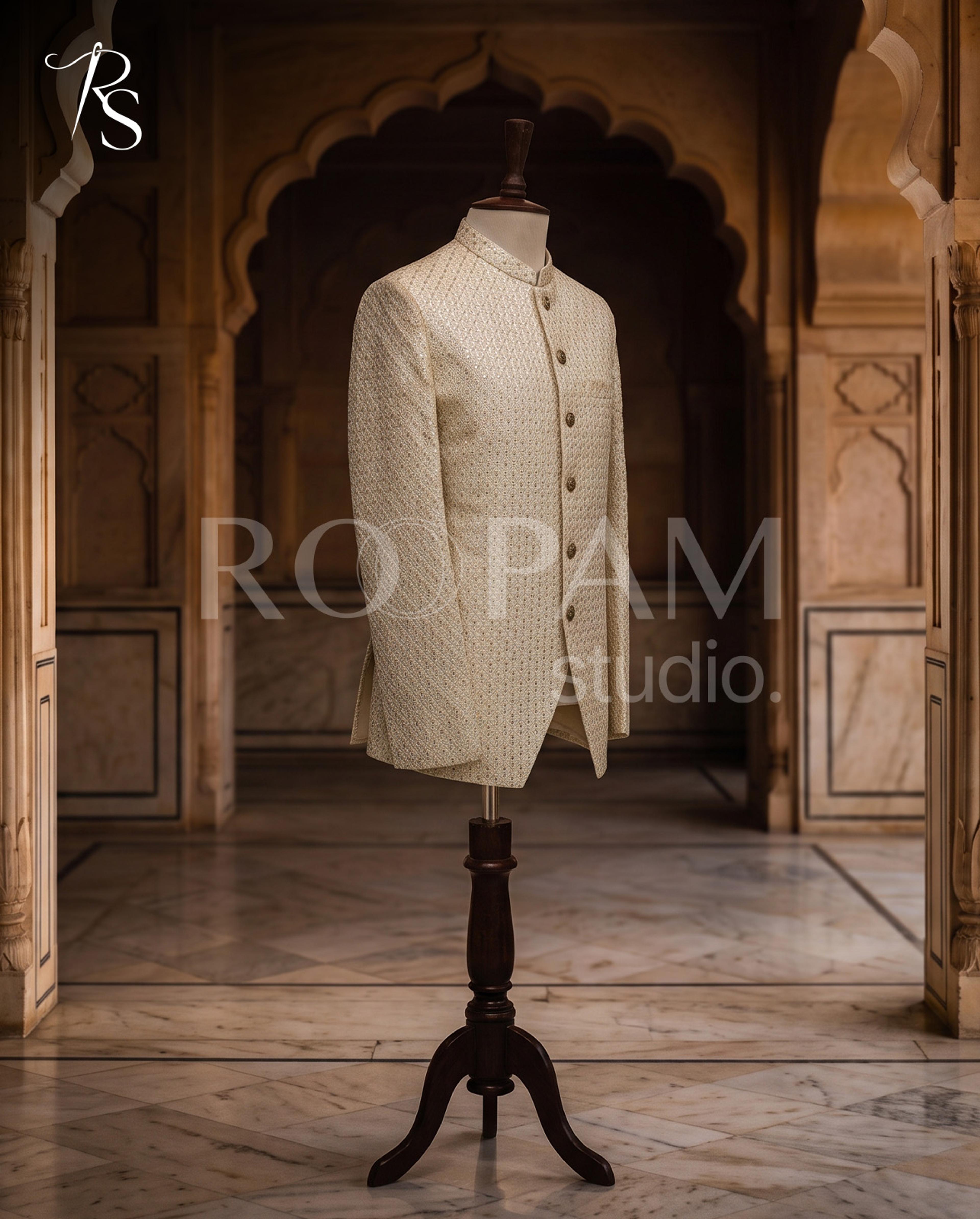 Luxury Cream Self-Sequin & Tilla Embroidered Prince Coat - Thumbnail 3