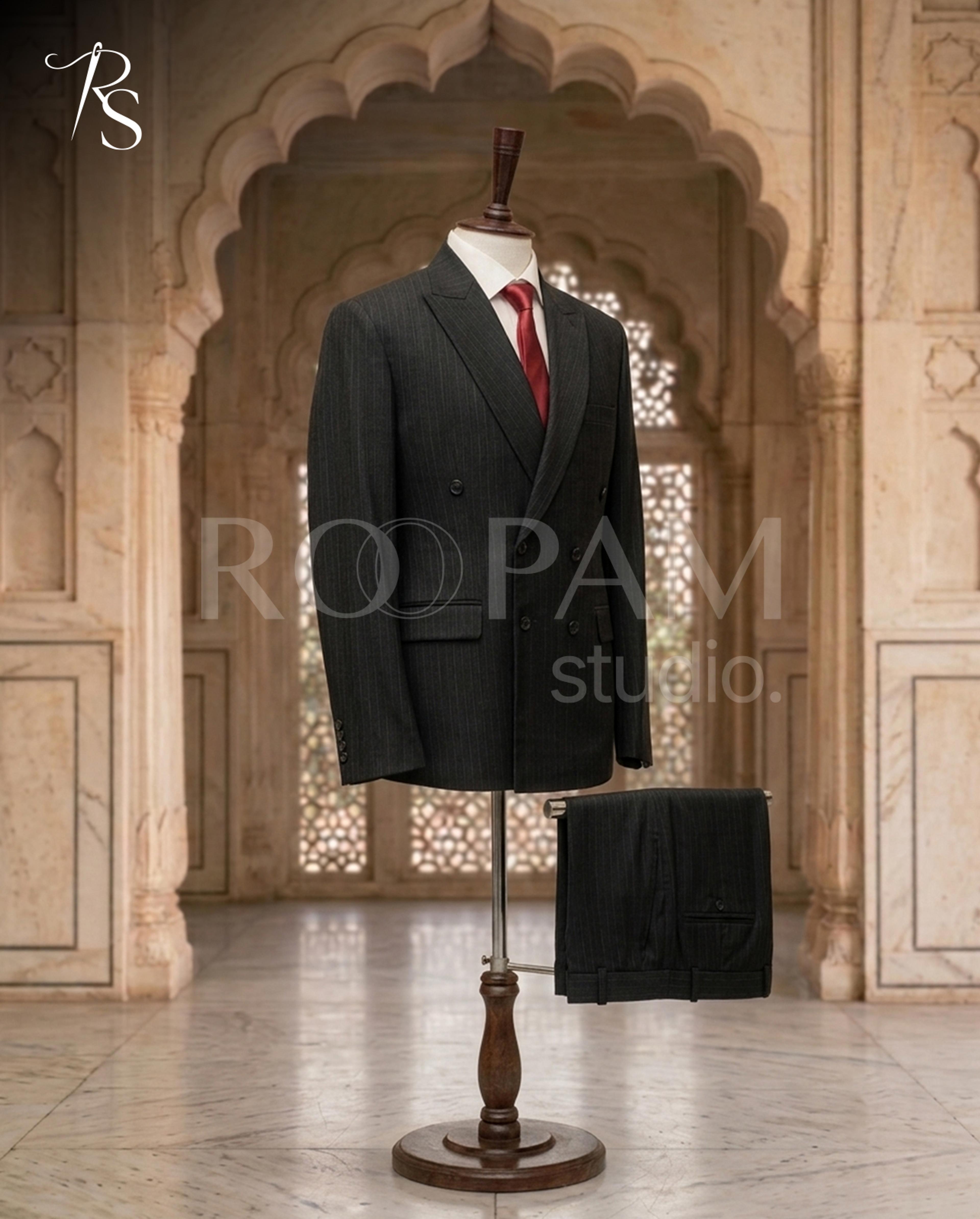 Premium Charcoal Black Pinstripe Double-Breasted Suit (2-Piece) - Thumbnail 2