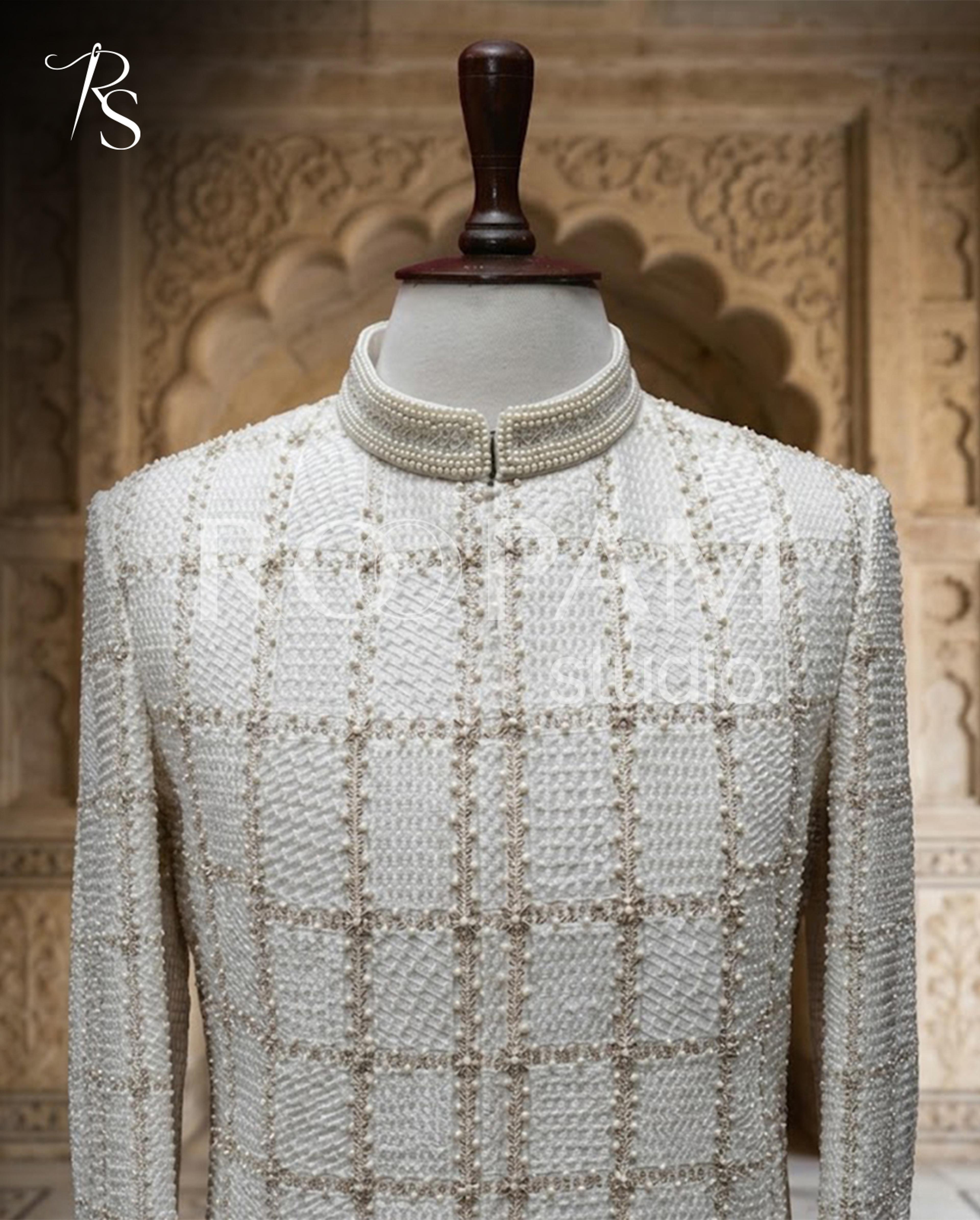Imperial Ivory Pearl Grid-Work Long Sherwani - Thumbnail 2
