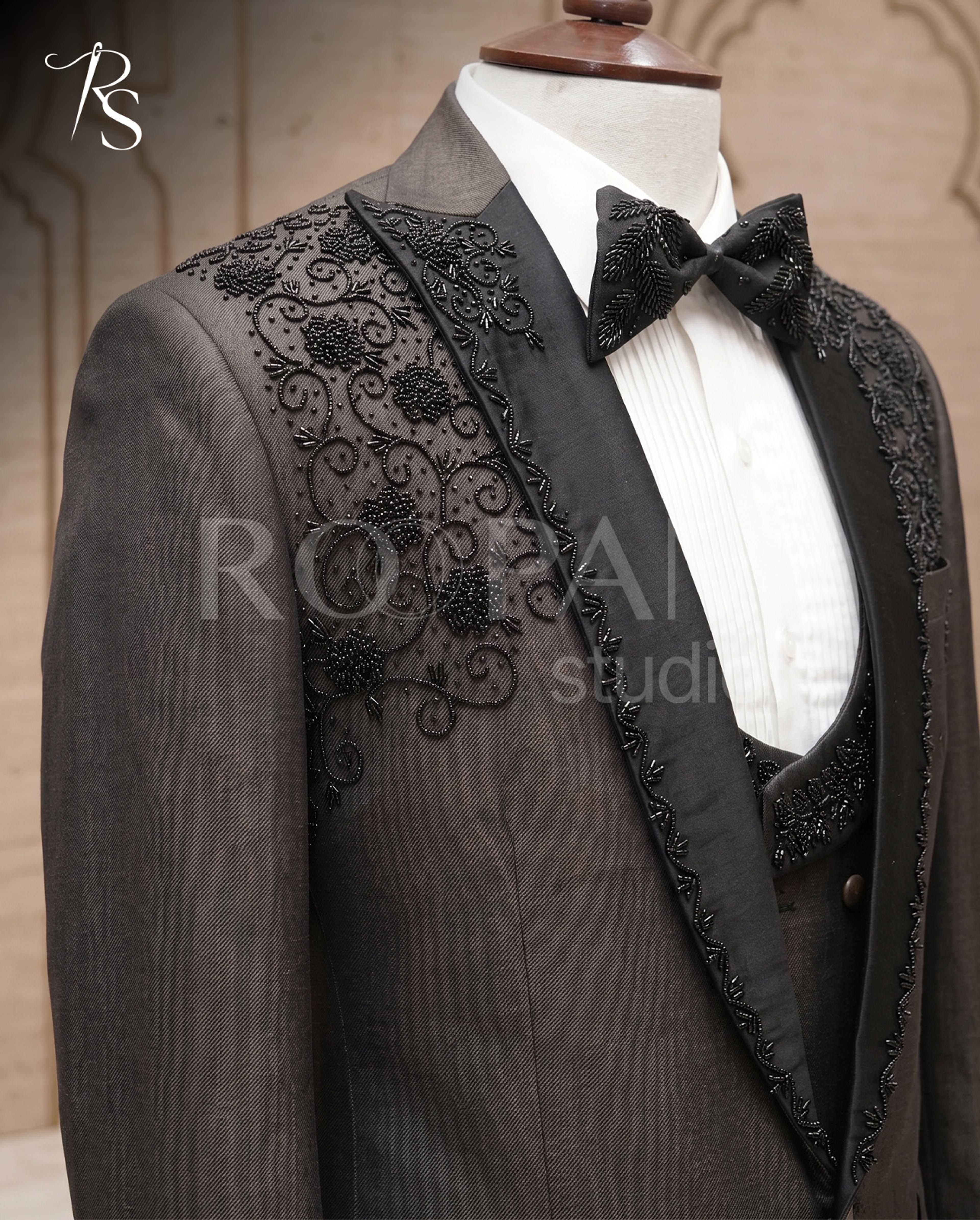 Premium Brown Embellished 3-Piece Tuxedo Suit - Thumbnail 1