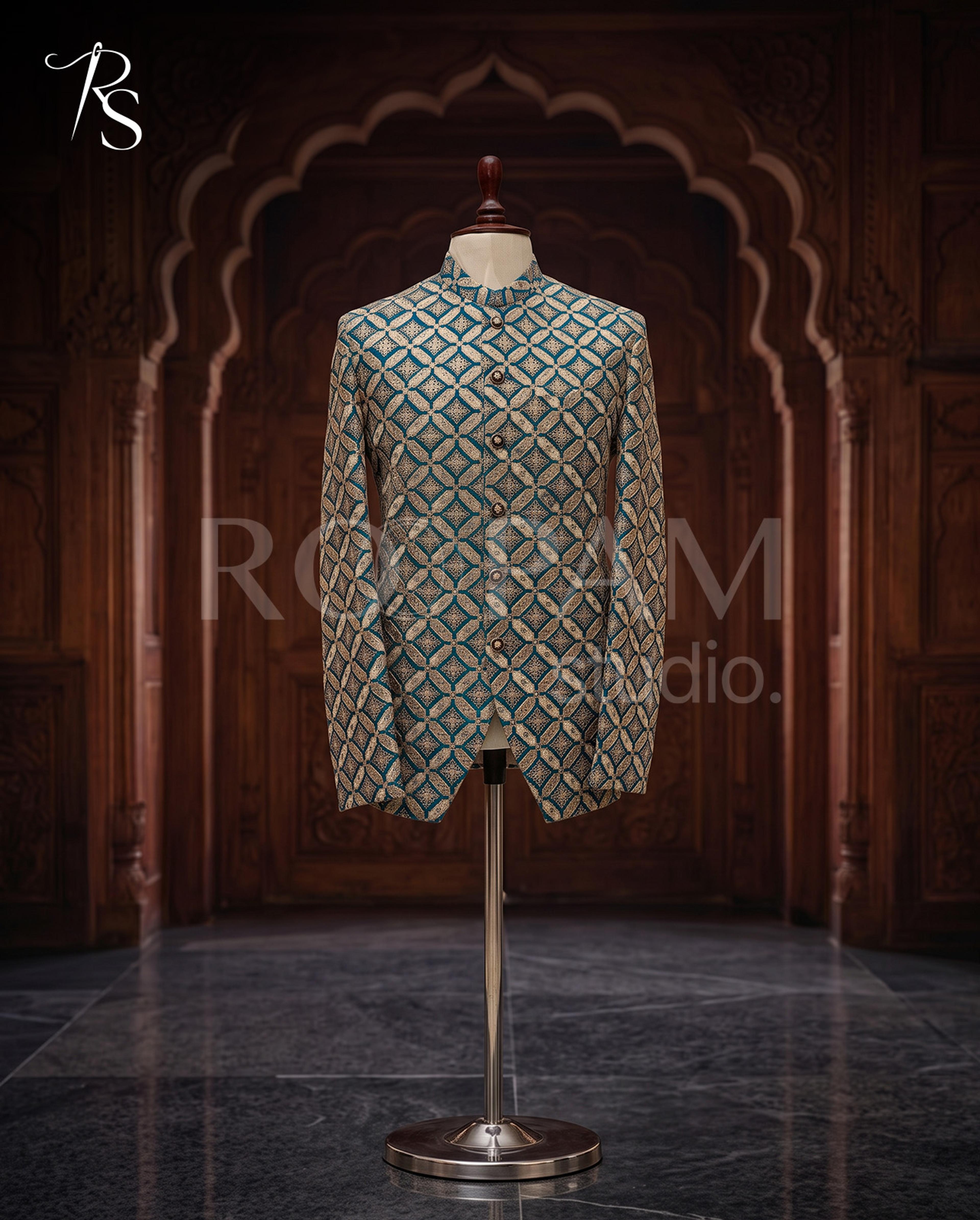 Luxury Teal Green Geometric Diamond Embroidered Prince Coat - Thumbnail 4