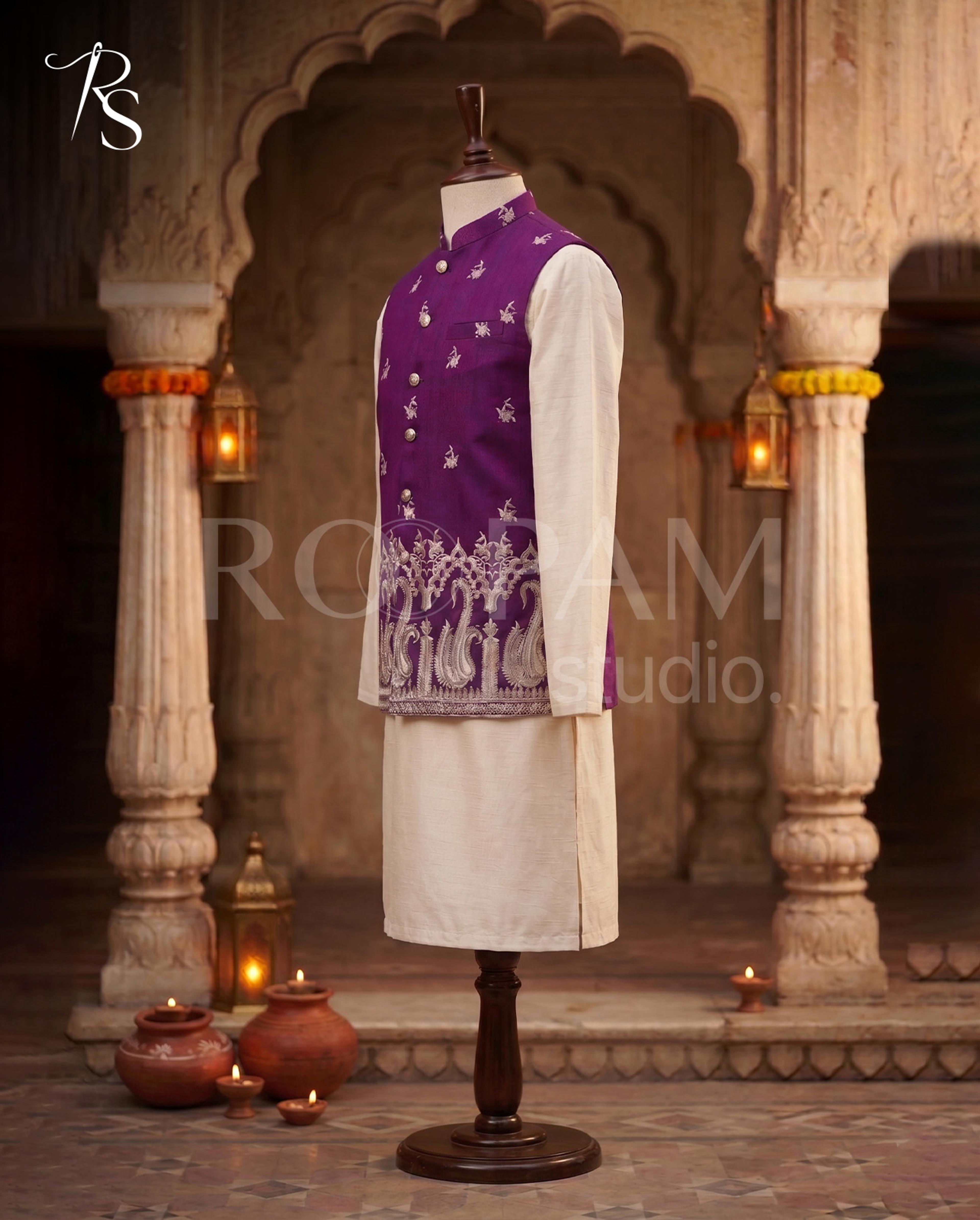 Roopam Studio Royal Purple Embroidered Luxury Waistcoat - Thumbnail 2