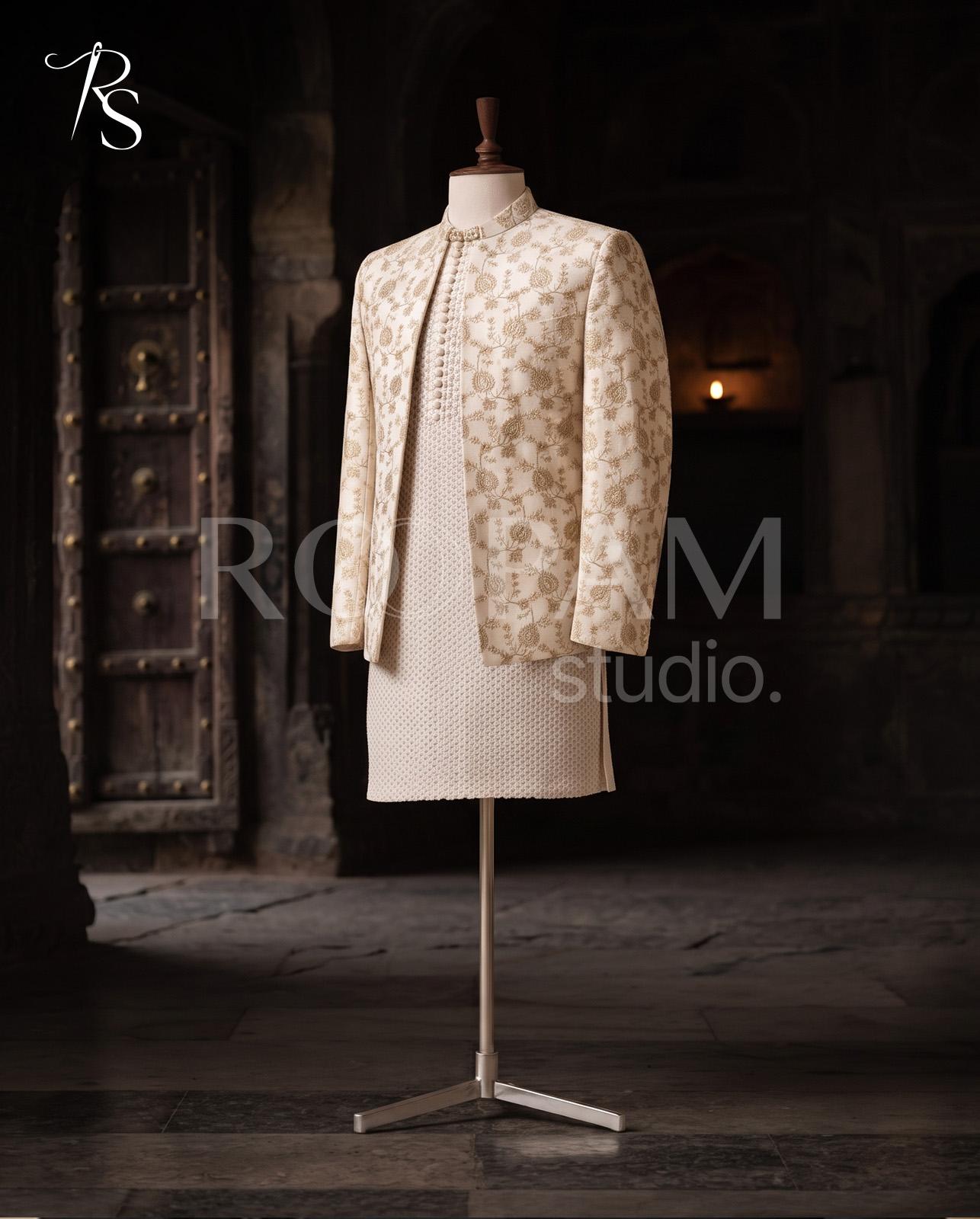 Luxury Cream Paisley Floral Embroidered Prince Coat with Textured Kurta Suit (3-Piece) - Image 1