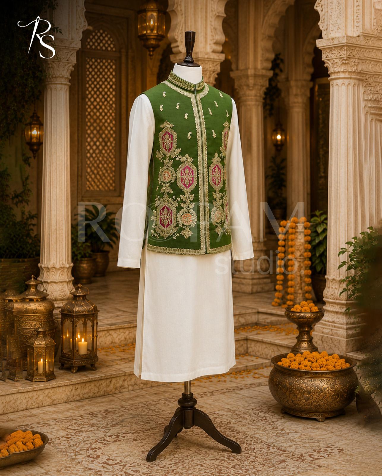 Premium Forest Green & Gold Embroidered Waistcoat with Pink Accents - Image 1
