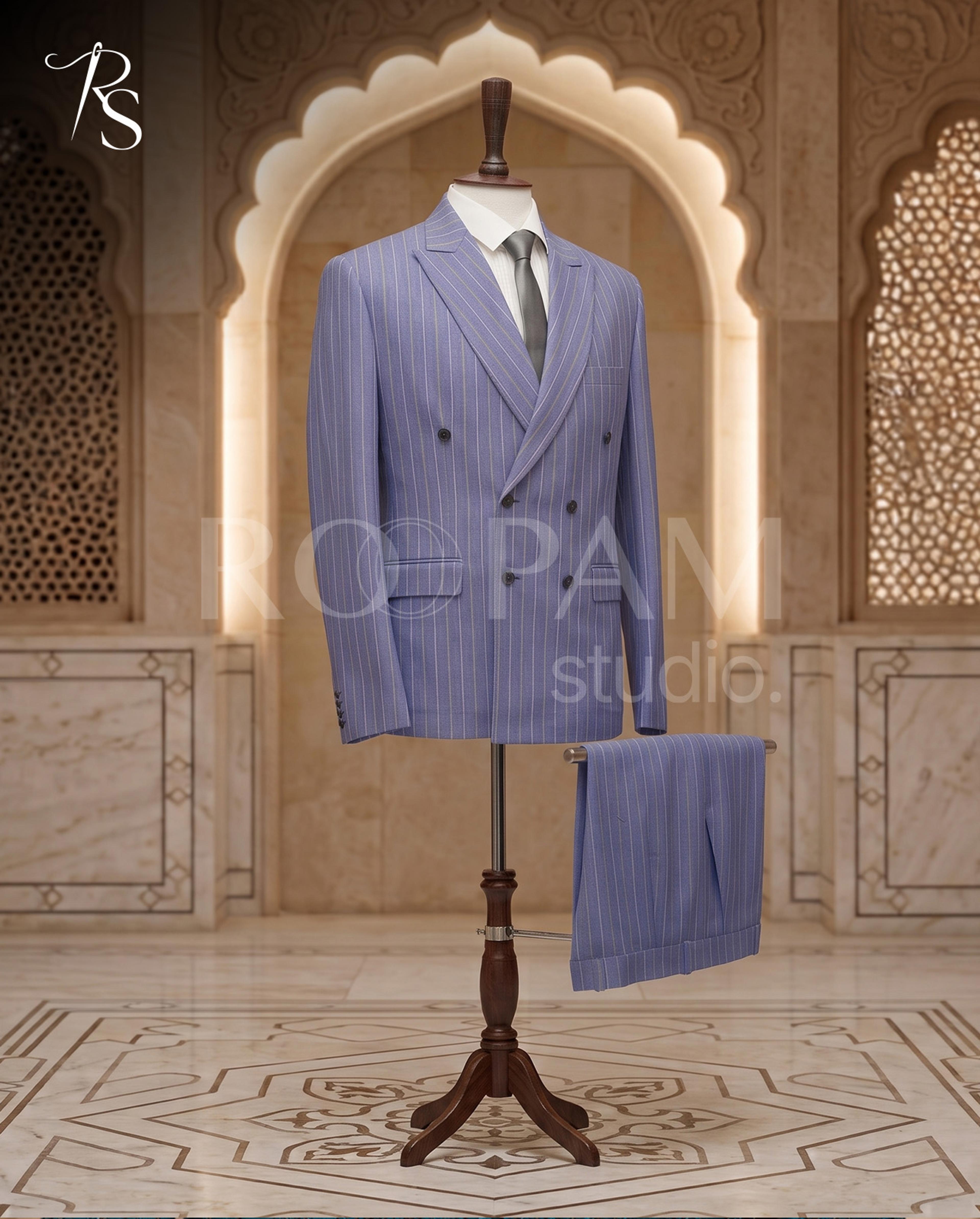 Premium French Blue Pinstripe Double-Breasted Suit (2-Piece) - Thumbnail 2