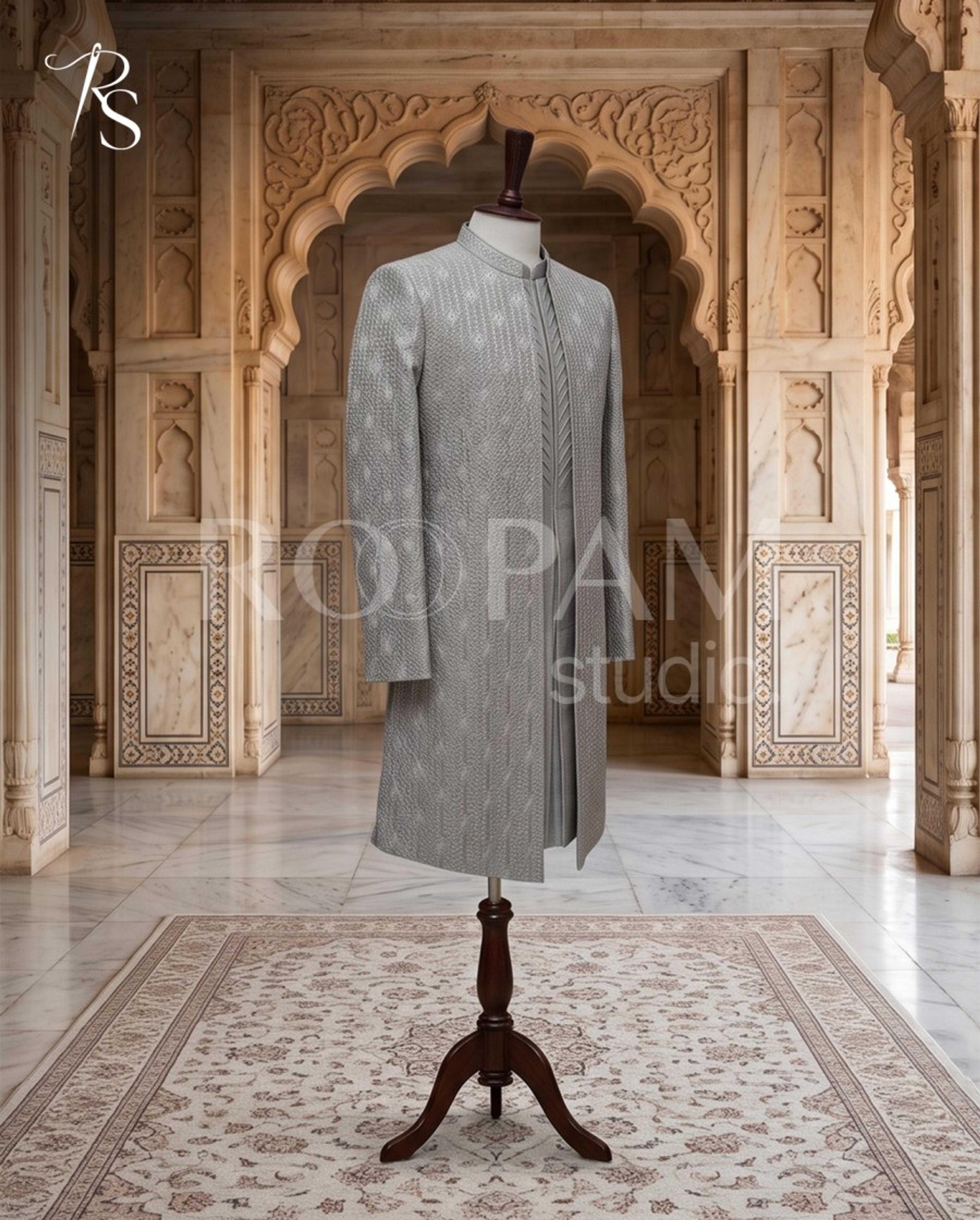 Sterling Silver Textured Diamond Groom Sherwani