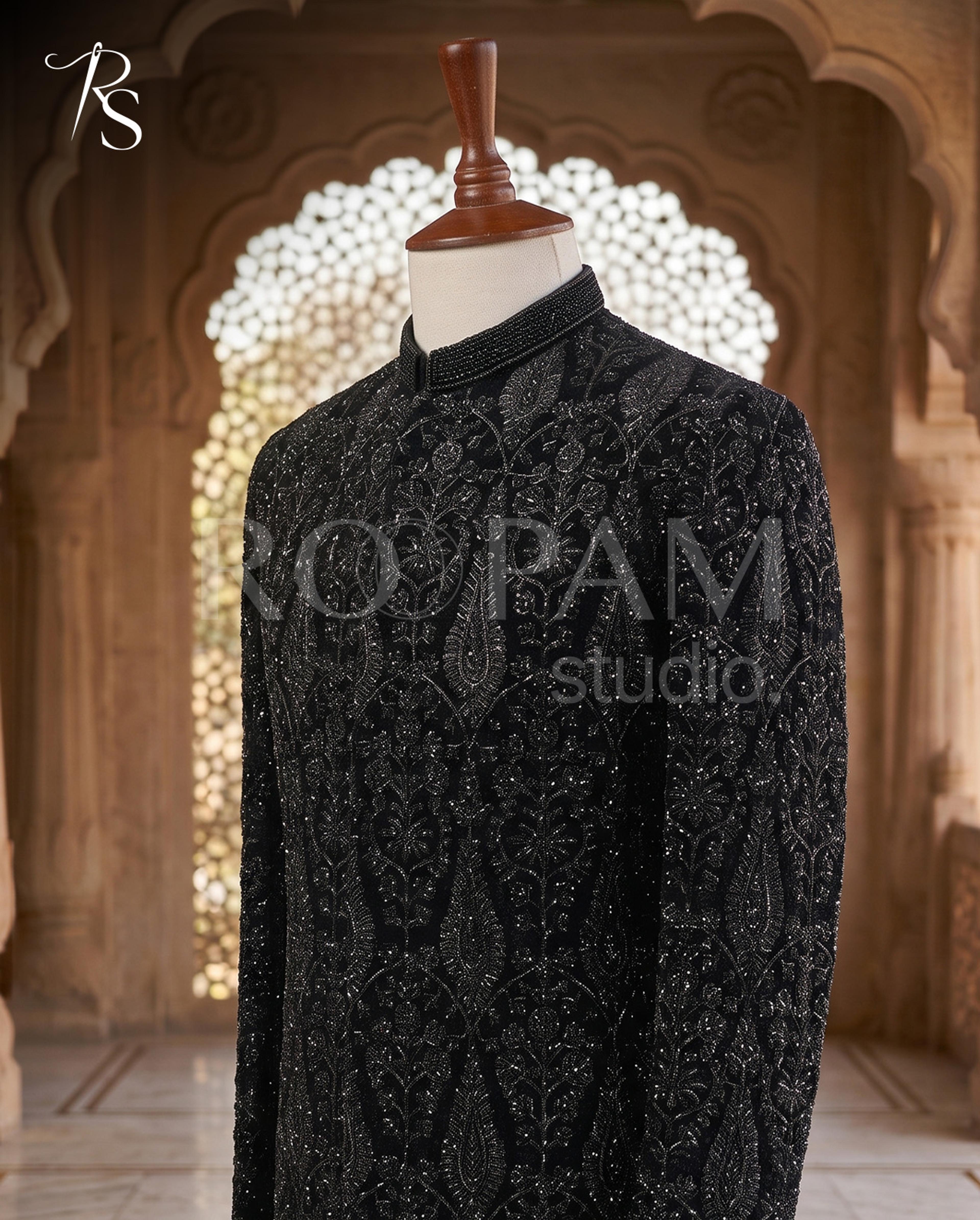 Roopam Studio Midnight Black Embellished Sherwani - Thumbnail 3
