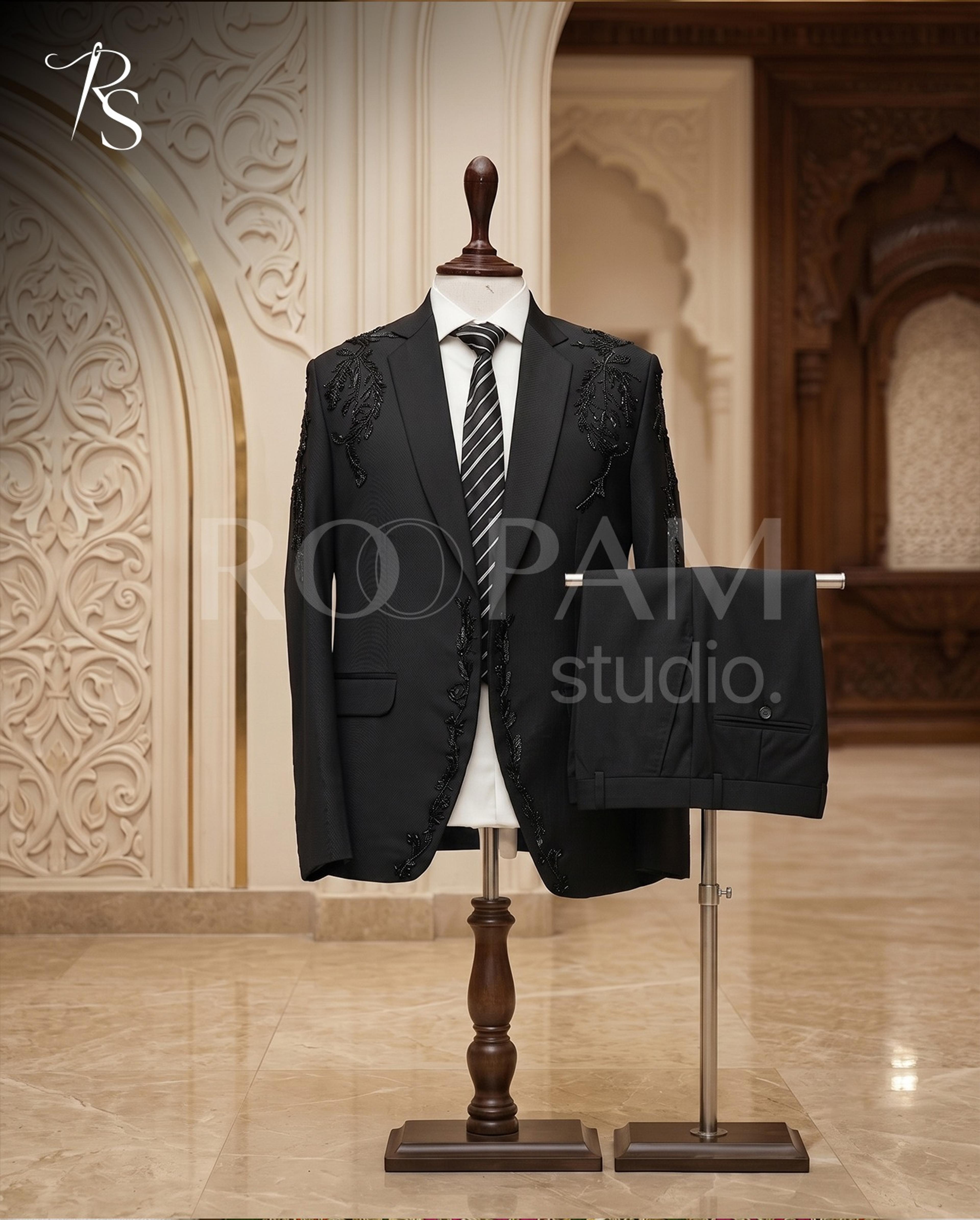 Premium Black Floral Vine Hand-Embellished Designer Suit (2-Piece) - Thumbnail 1