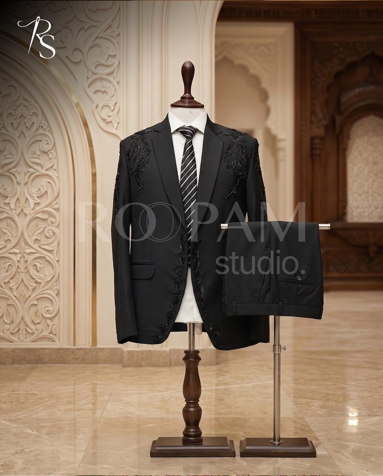 Premium Black Floral Vine Hand-Embellished Designer Suit (2-Piece) - Image 1