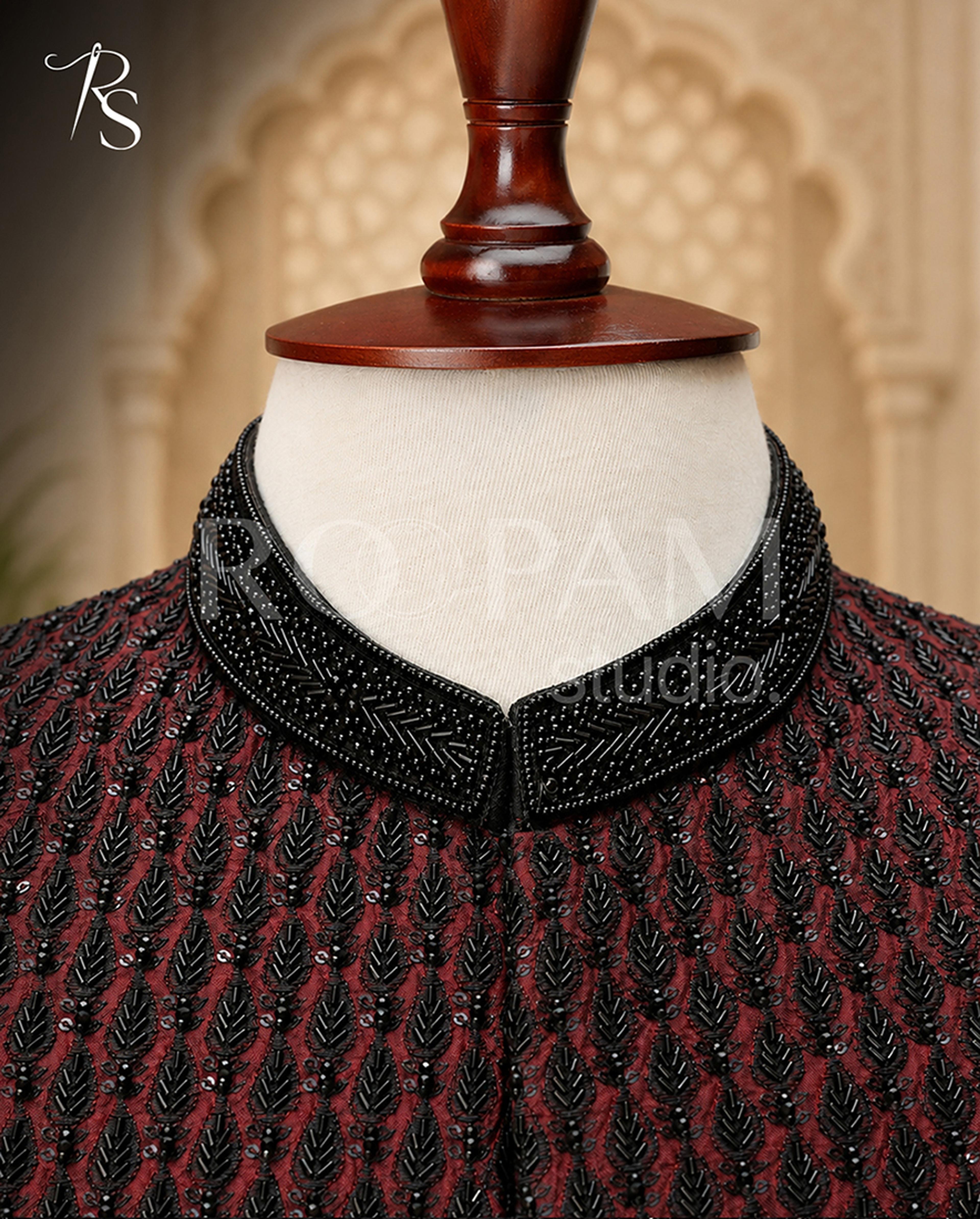 Majestic Deep Burgundy Leaf Motif Heavily Beaded Luxury Sherwani - Thumbnail 3