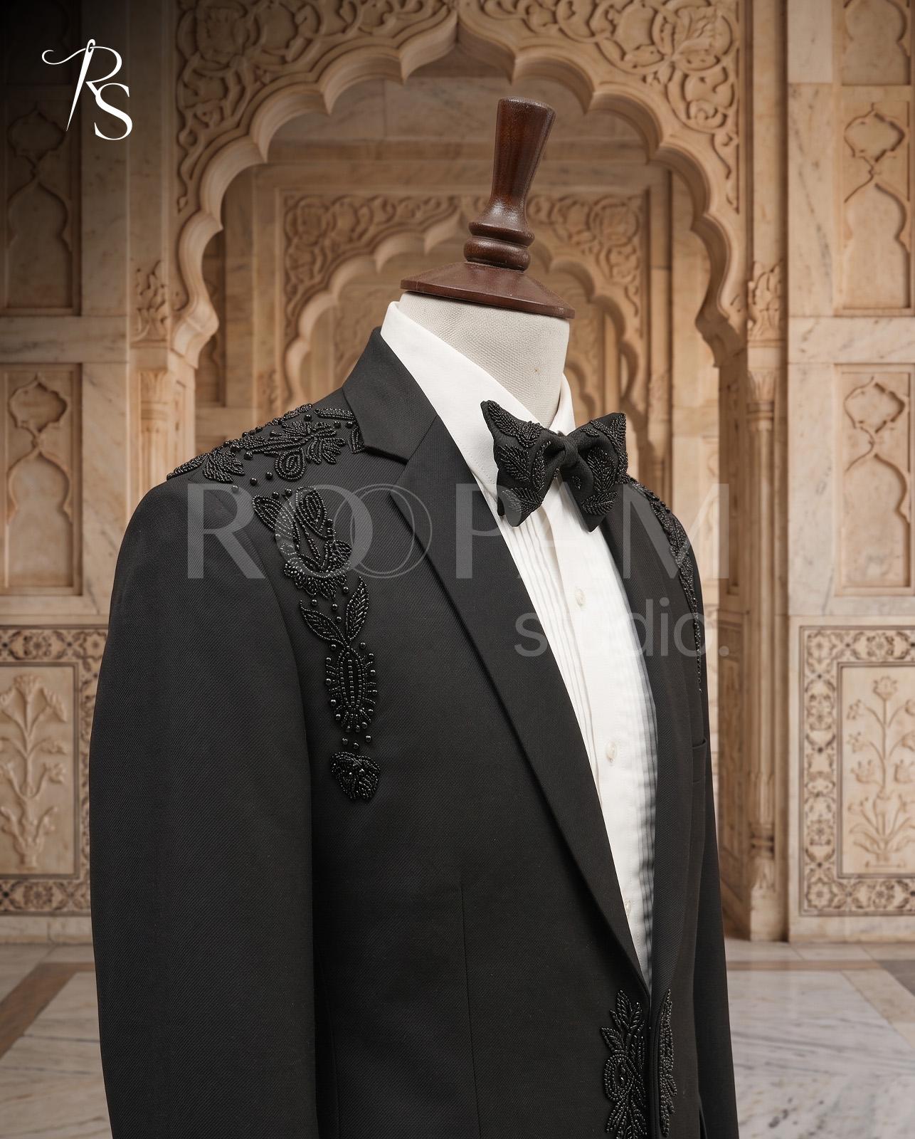 Luxury Black Symmetrical "Dual-Motif" Beaded Tuxedo Suit (2-Piece) - Image 1