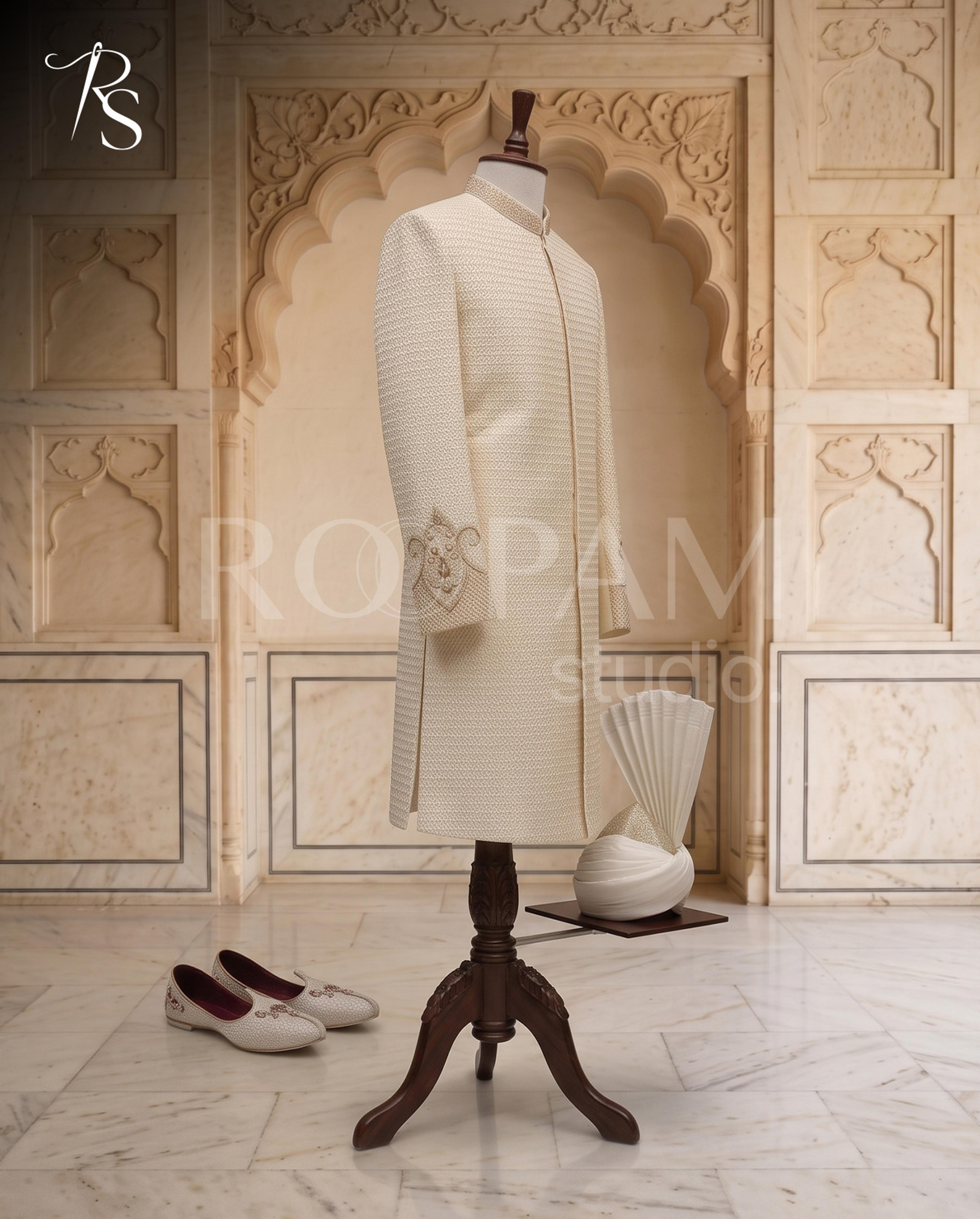 Roopam Studio Premium Cream Sherwani with Intricate Zardozi and Pearl Embellishments - Thumbnail 2