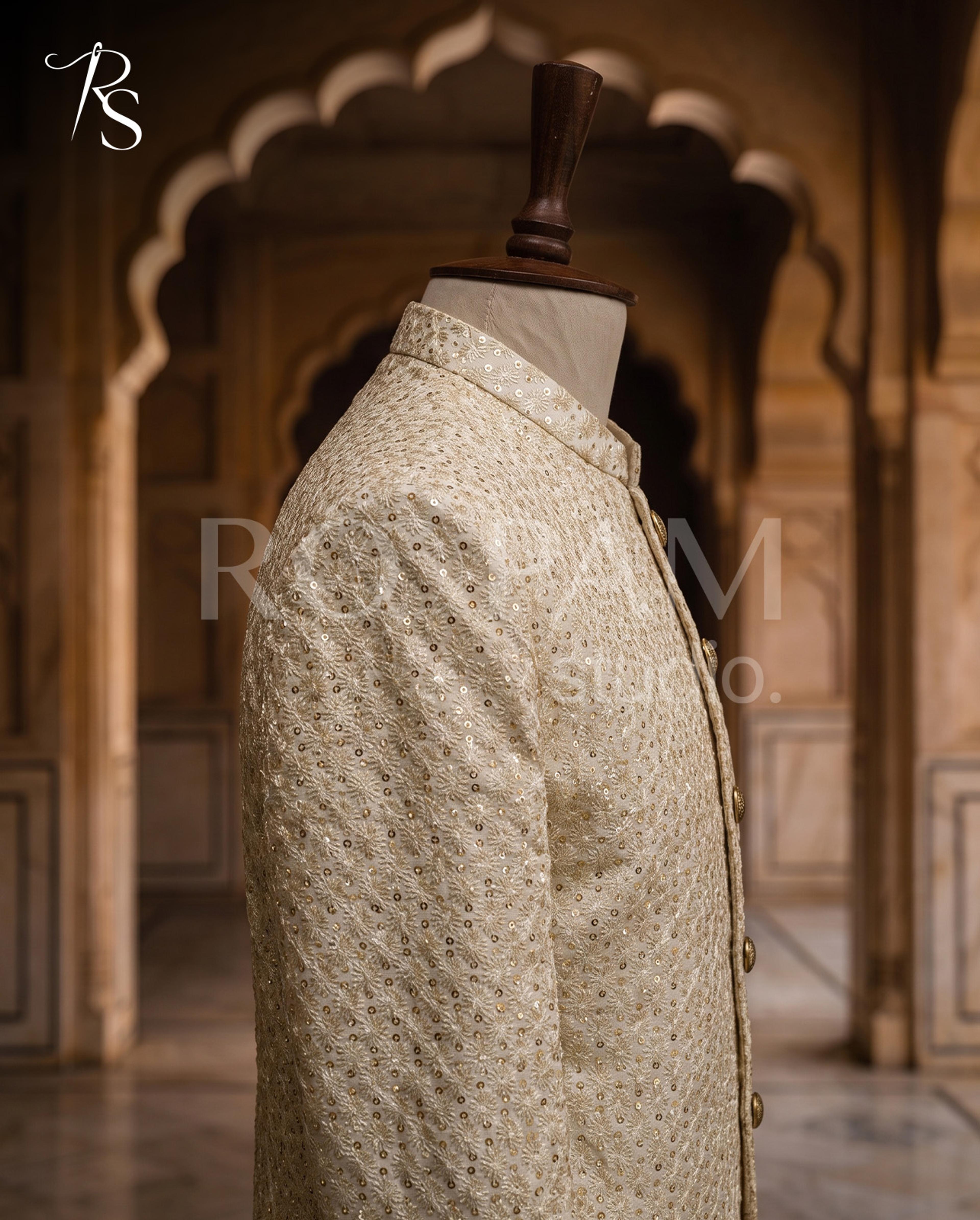 Luxury Cream Self-Sequin & Tilla Embroidered Prince Coat - Thumbnail 2