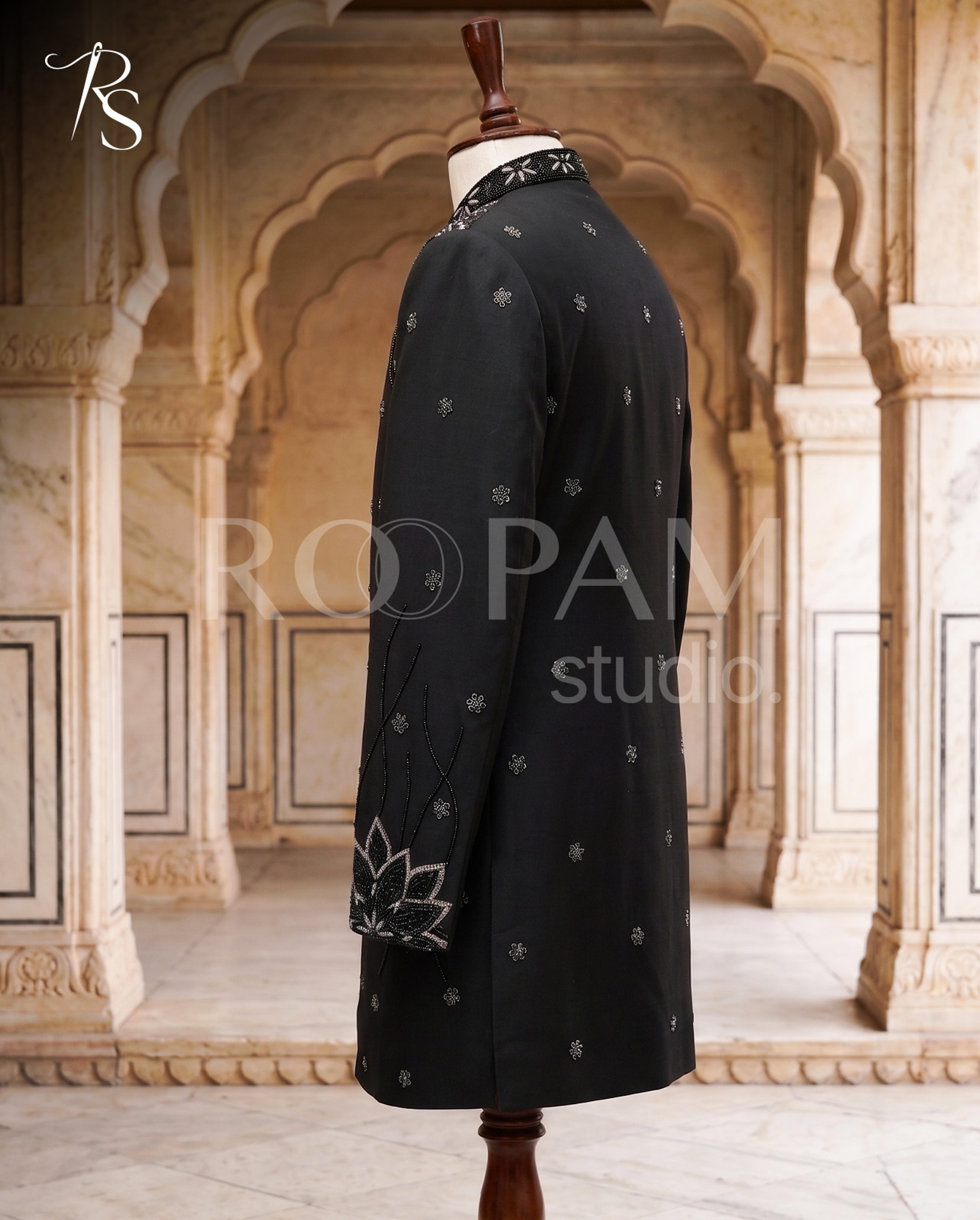 Luxury Jet Black Silver Lotus Embroidered Short Sherwani (Complete Groom Package) - Thumbnail 3