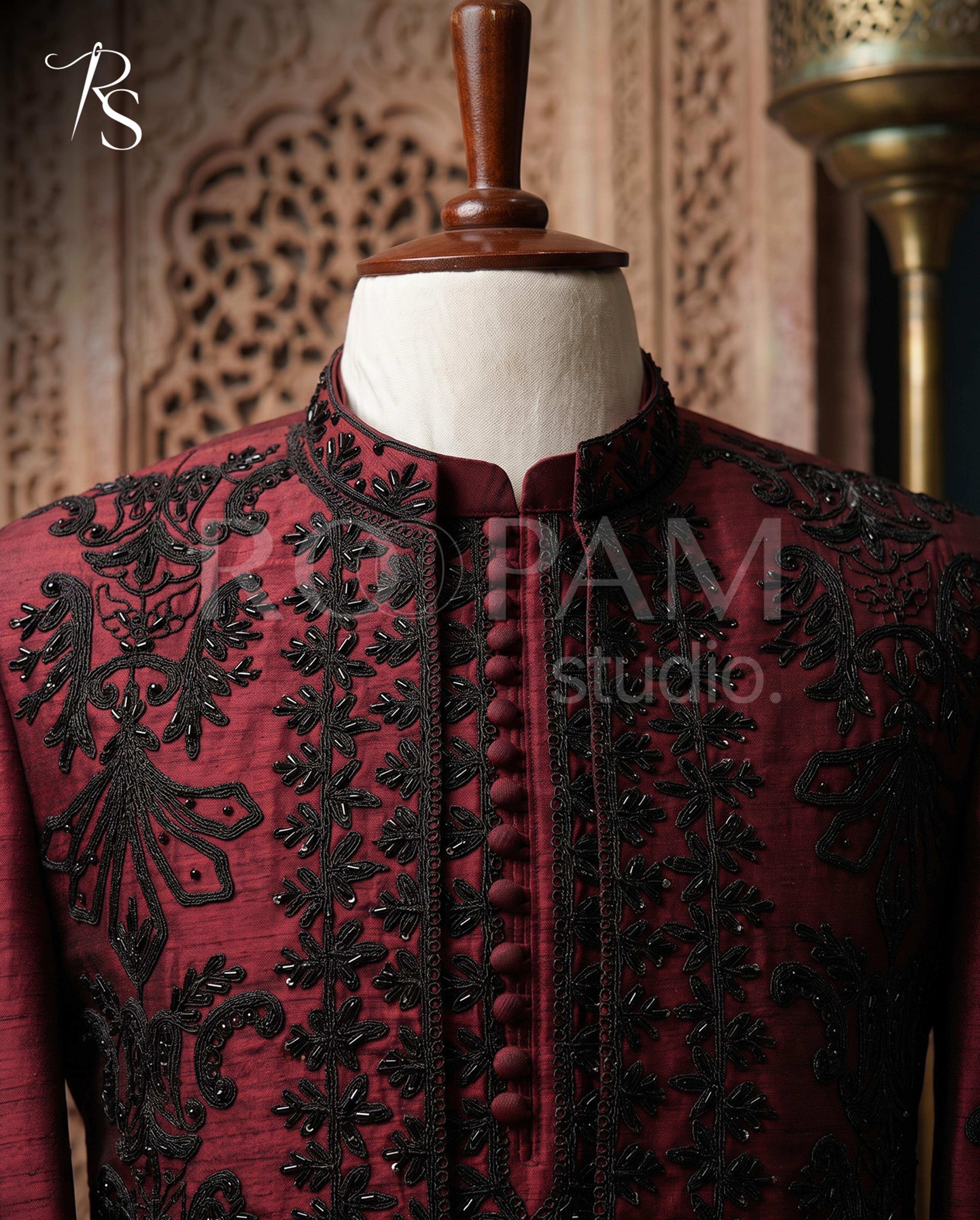 Roopam Studio Luxury Maroon Embroidered Sherwani and Kurta Set - Thumbnail 4