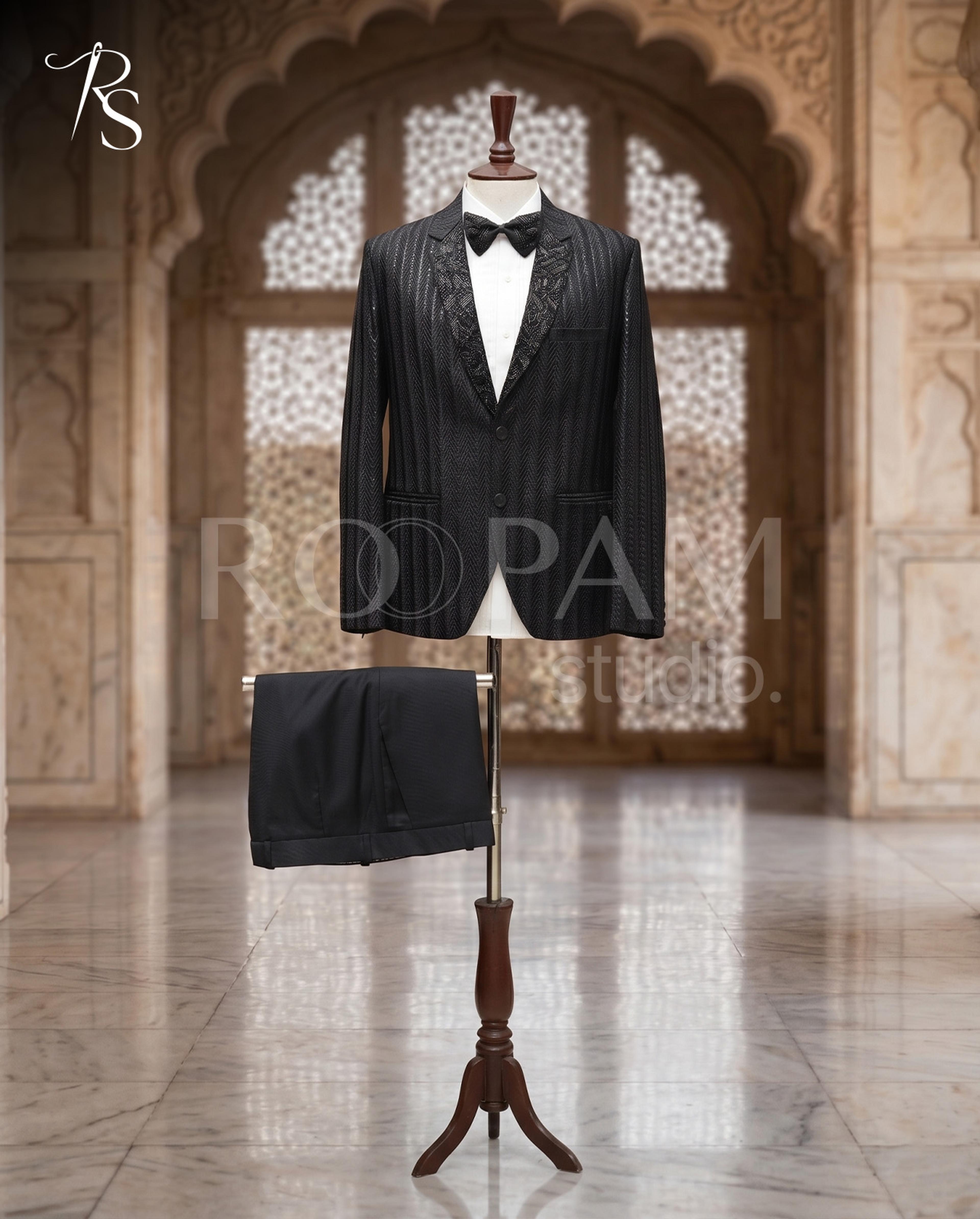 Designer Black Textured Hand-Embroidered Tuxedo Pant Coat - Thumbnail 4