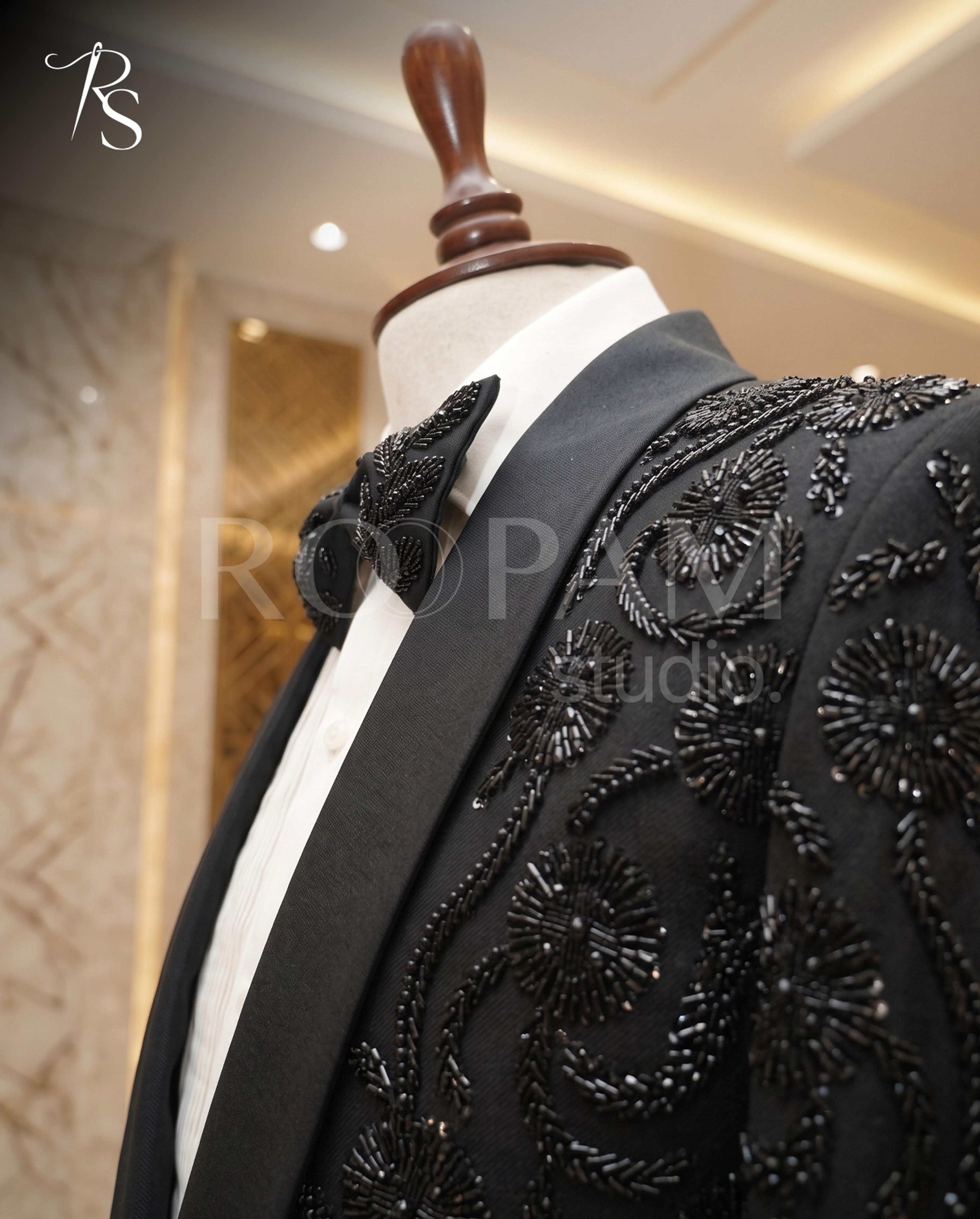 Premium Black Asymmetrical Beaded Tuxedo Suit (2-Piece)