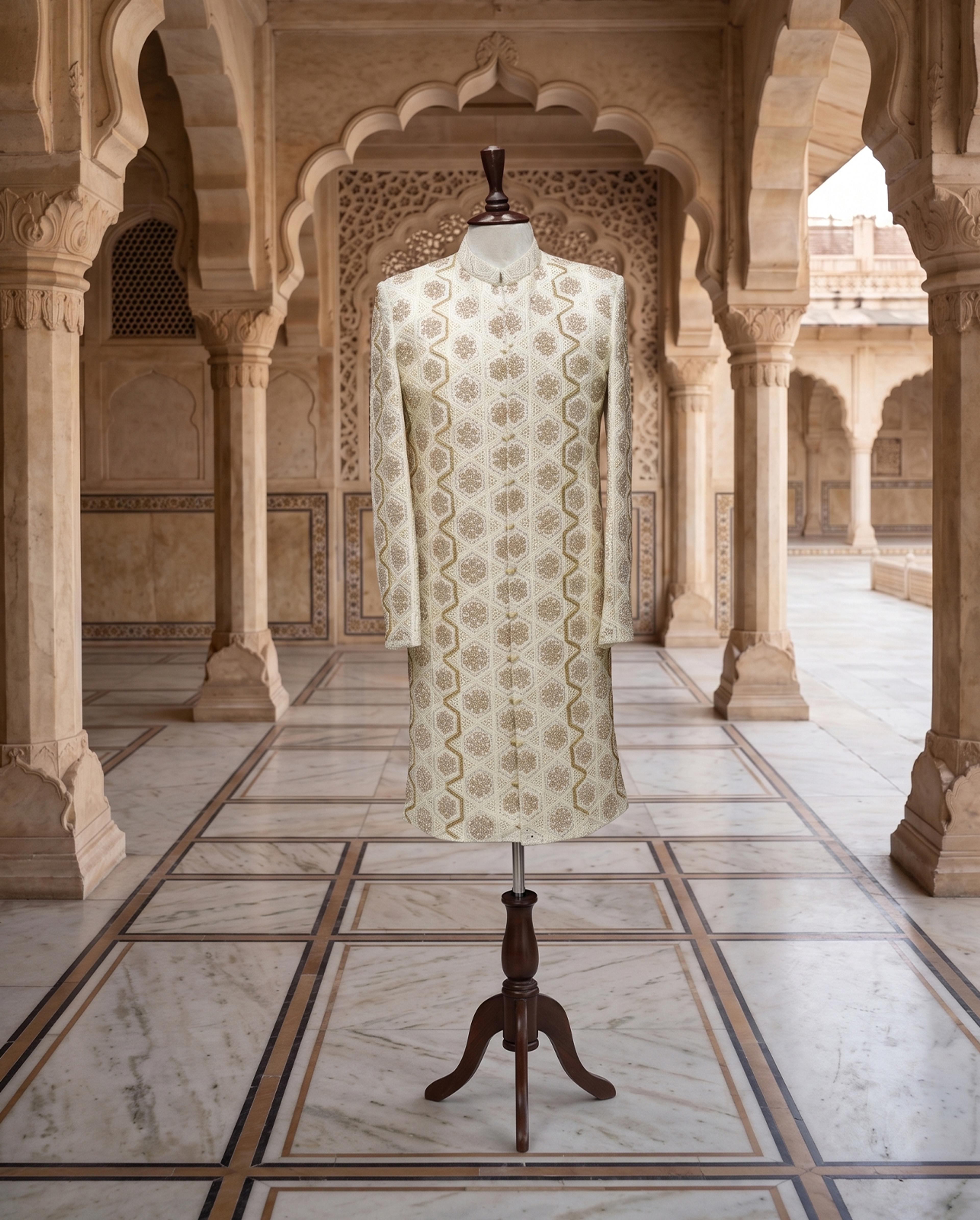 Premium Heavily Embroidered Hexagon Pattern Sherwani - Thumbnail 3