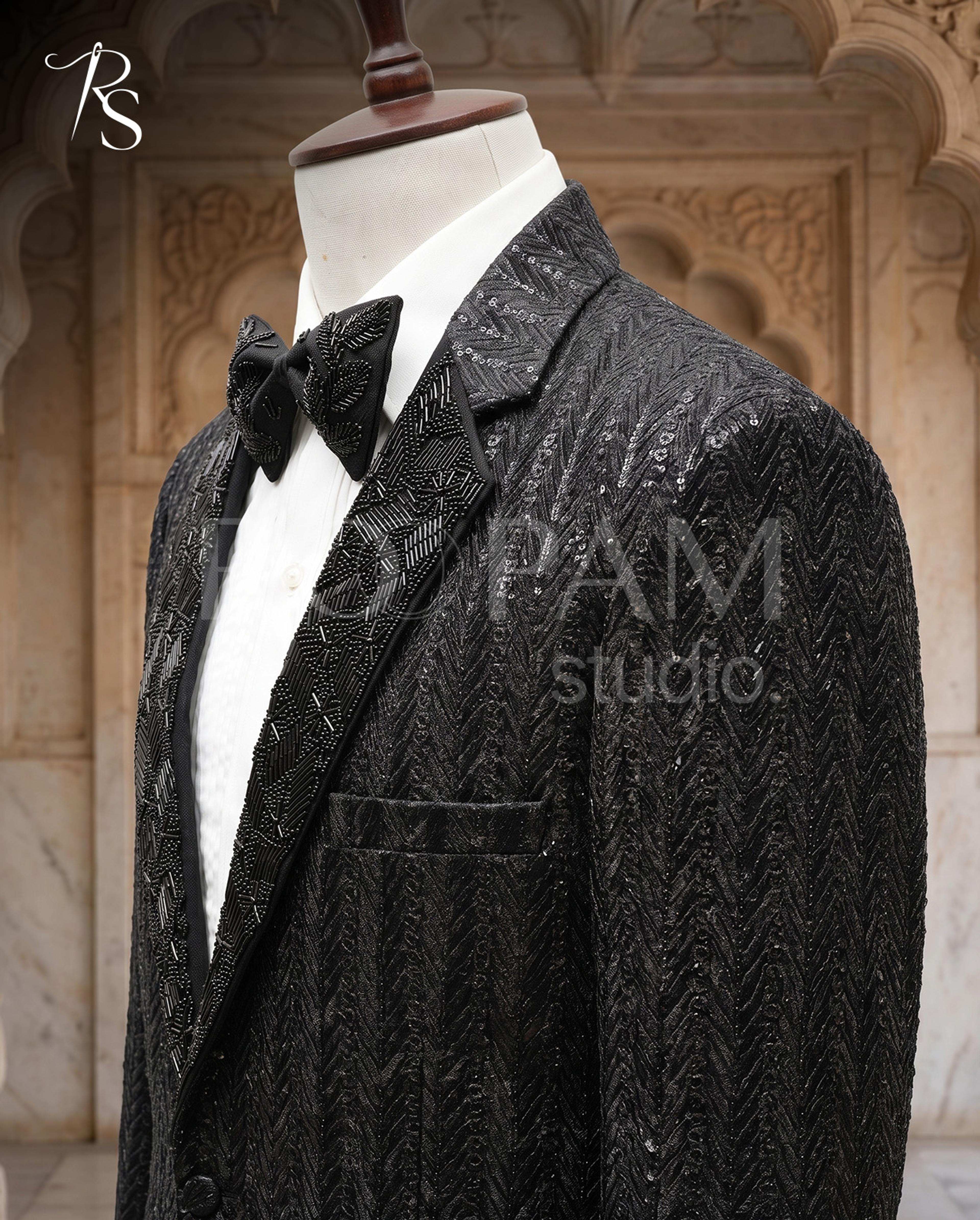 Designer Black Textured Hand-Embroidered Tuxedo Pant Coat
