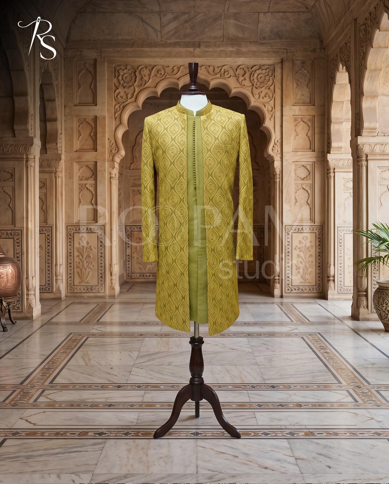 Premium Mustard Yellow Embroidered Sherwani - Image 1