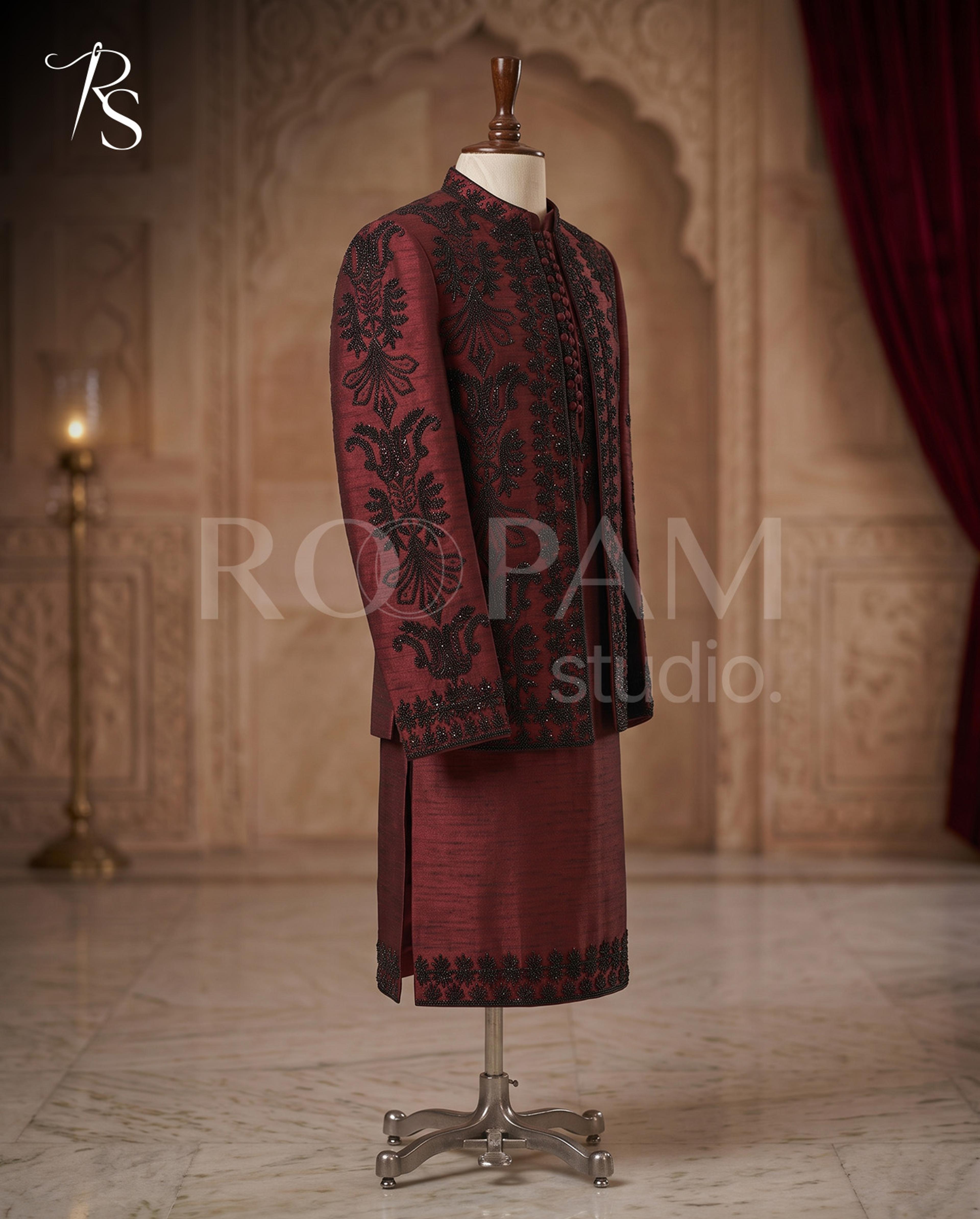 Roopam Studio Luxury Maroon Embroidered Sherwani and Kurta Set - Thumbnail 3