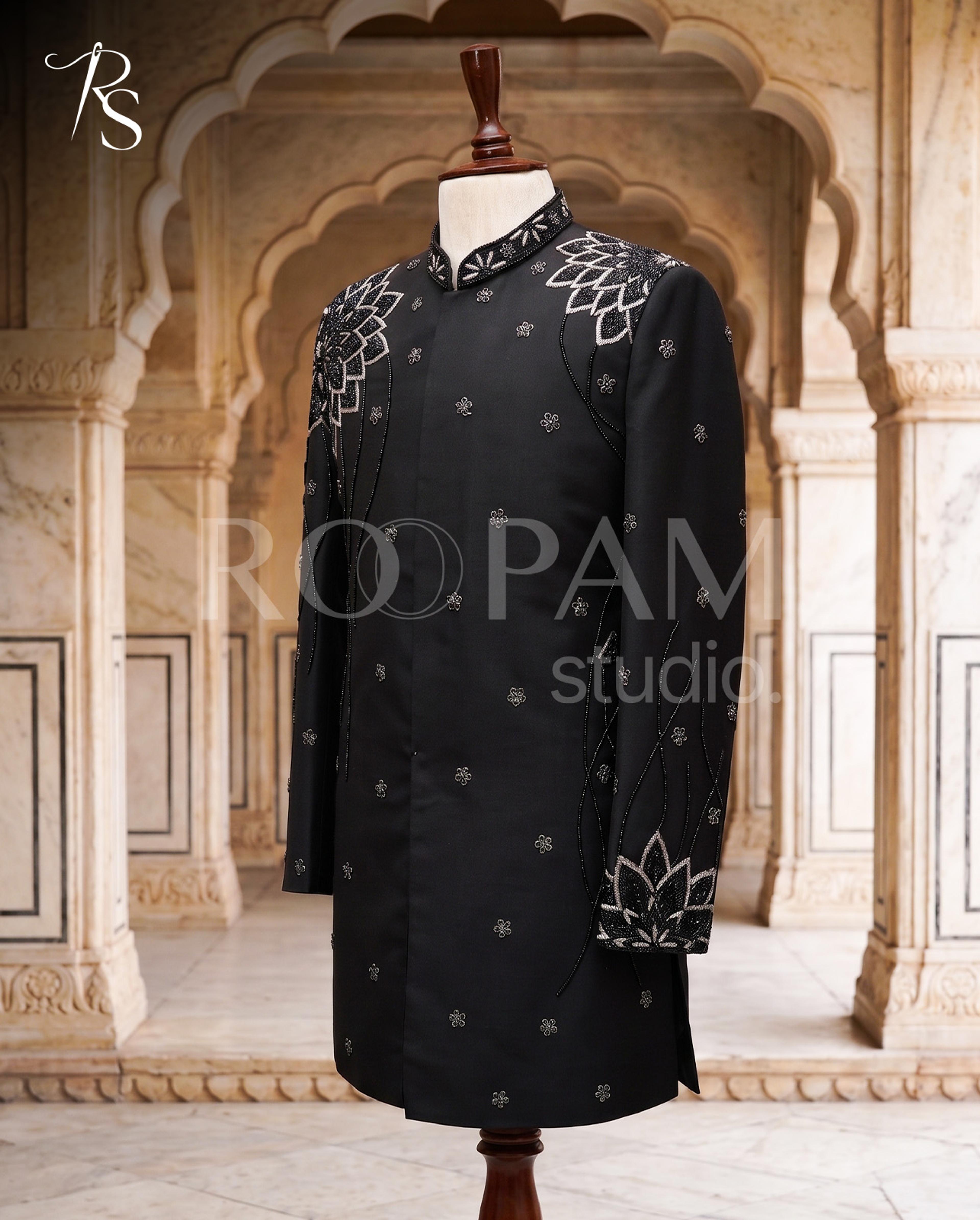 Luxury Jet Black Silver Lotus Embroidered Short Sherwani (Complete Groom Package) - Thumbnail 1