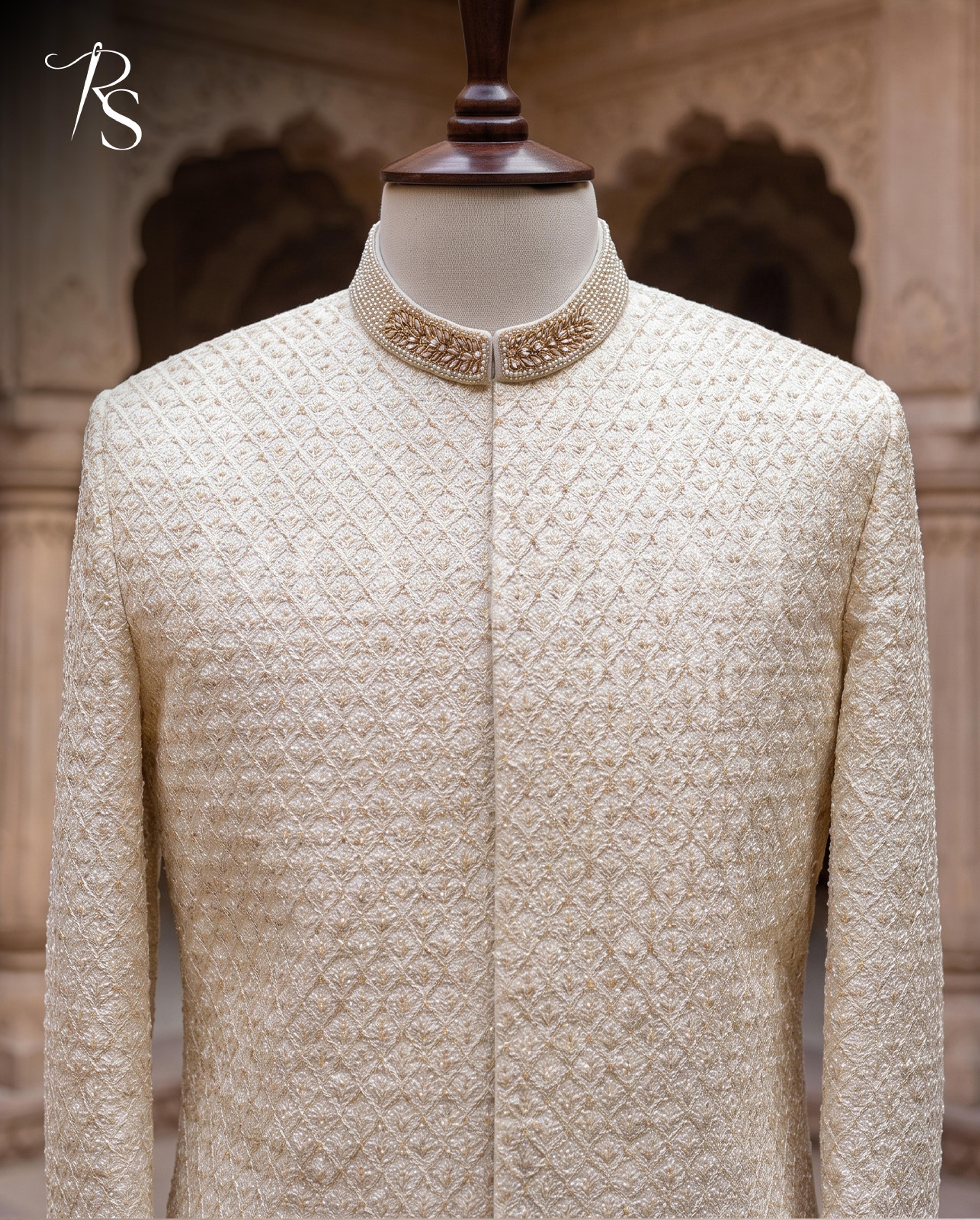 Roopam Studio Premium Cream Sherwani with Intricate Zardozi and Pearl Embellishments - Thumbnail 3