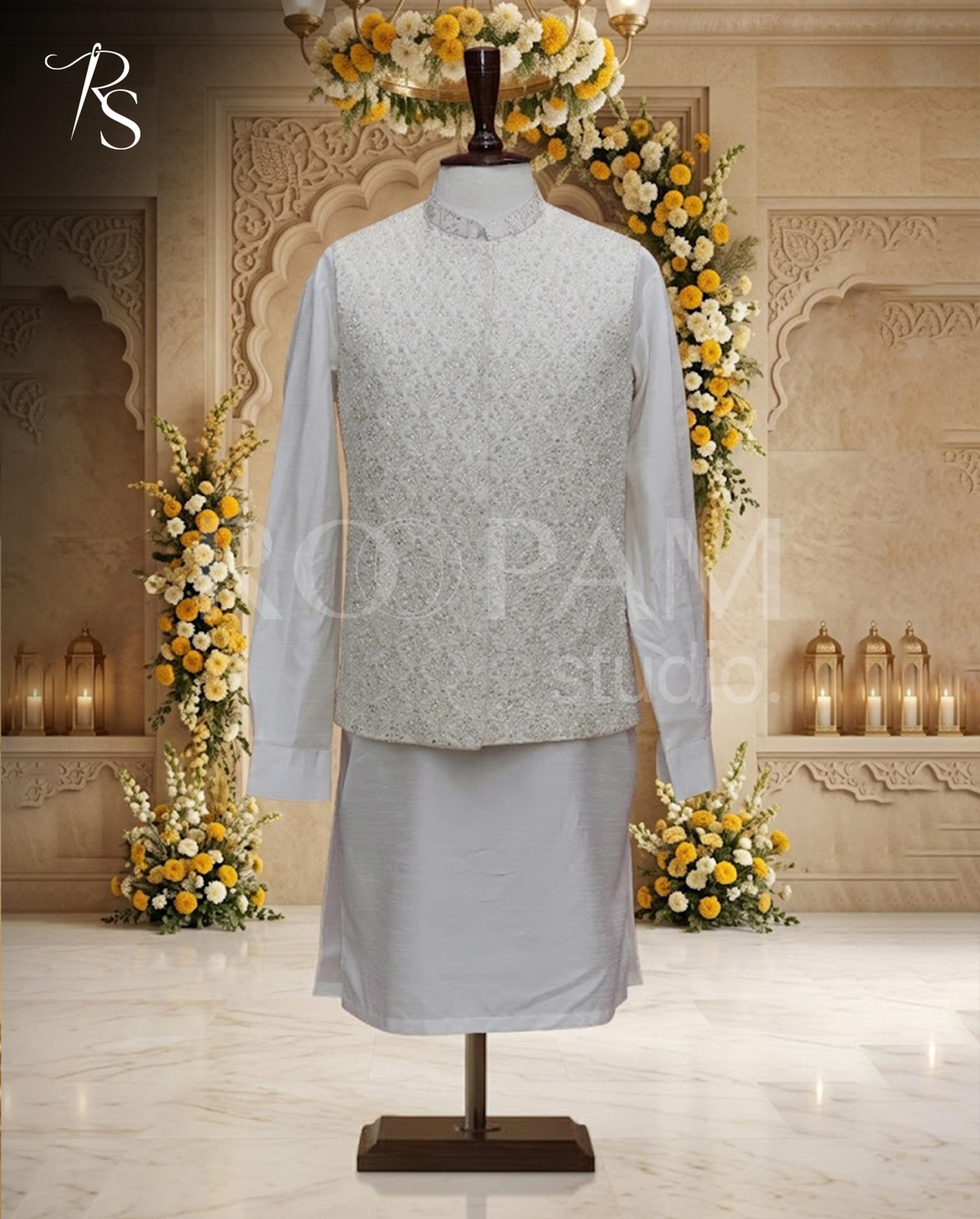 Premium Off-White Embroidered Waistcoat with Kurta Pajama – Nikkah Suit for Men