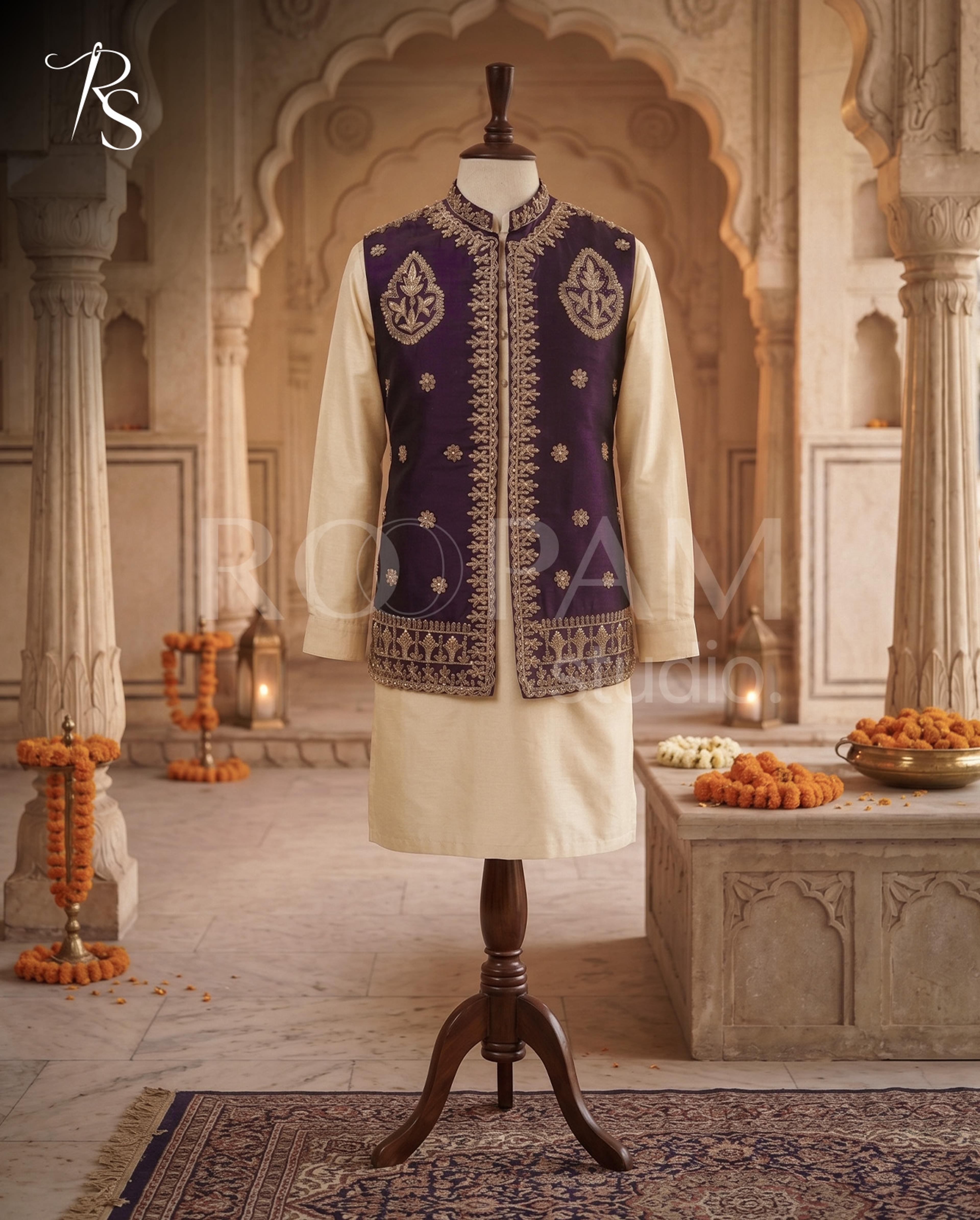 Roopam Studio Royal Purple Embroidered Silk Waistcoat - Thumbnail 2