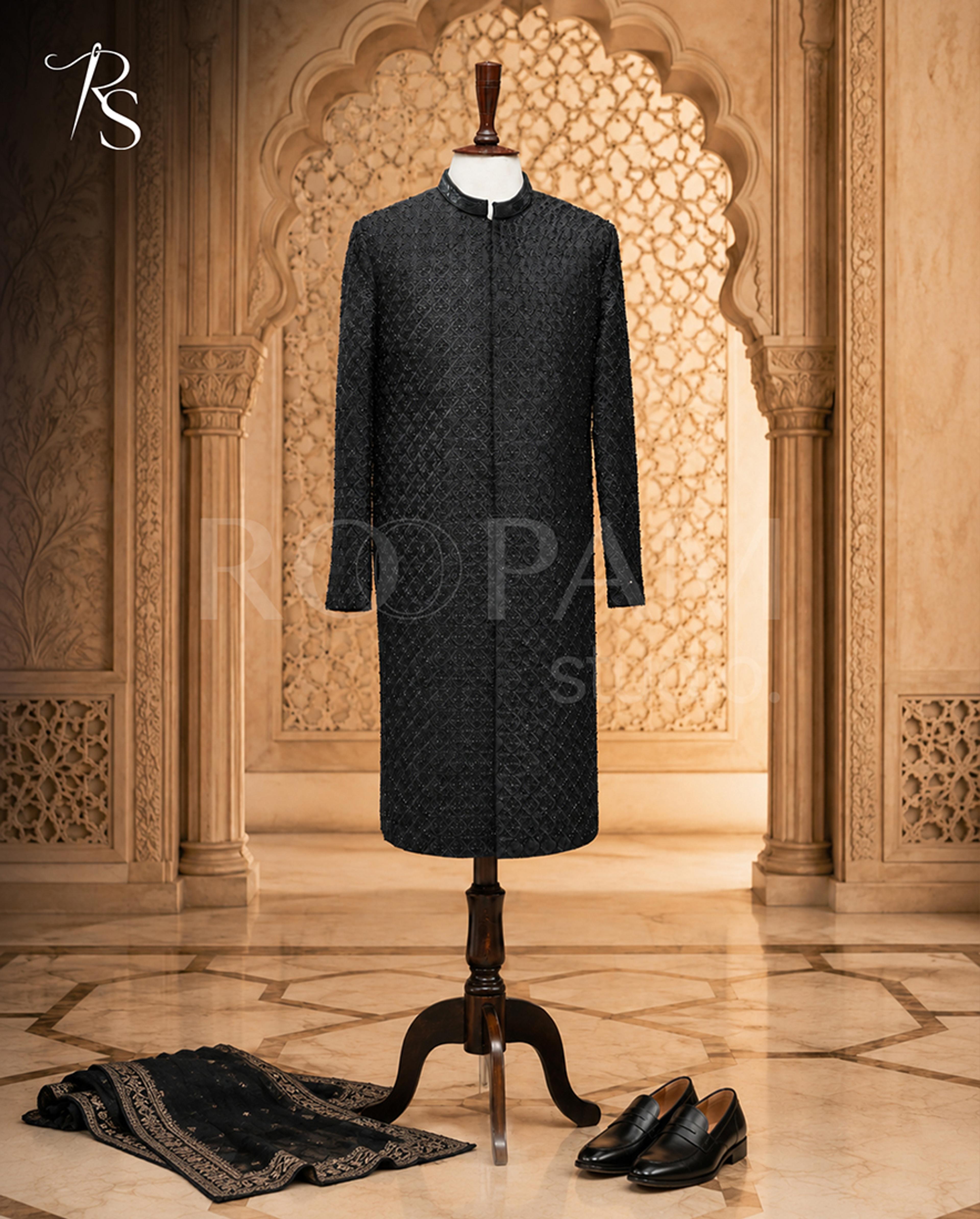 Midnight Onyx Heavily Beaded Bandhgala Sherwani - Thumbnail 4