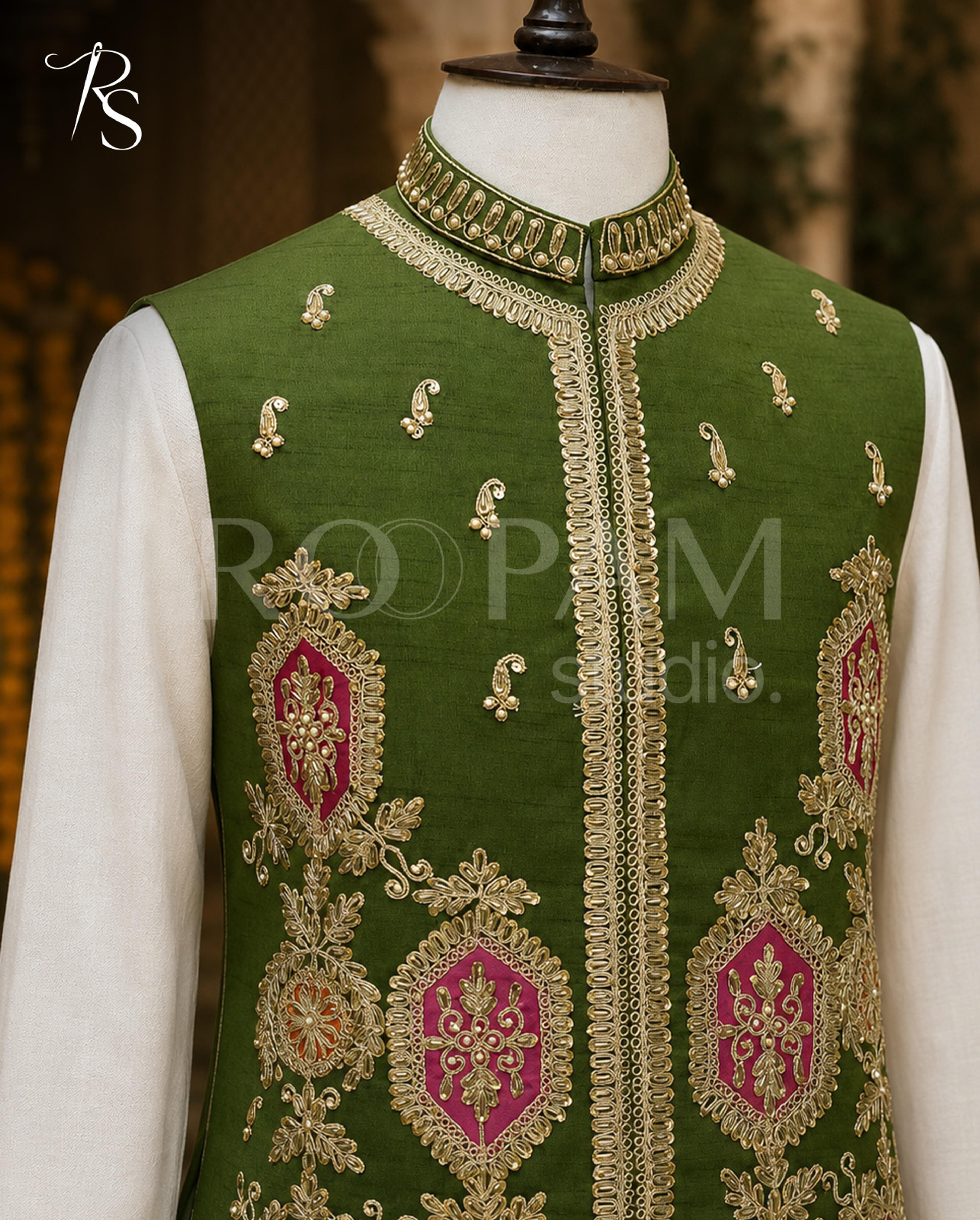 Premium Forest Green & Gold Embroidered Waistcoat with Pink Accents - Thumbnail 3