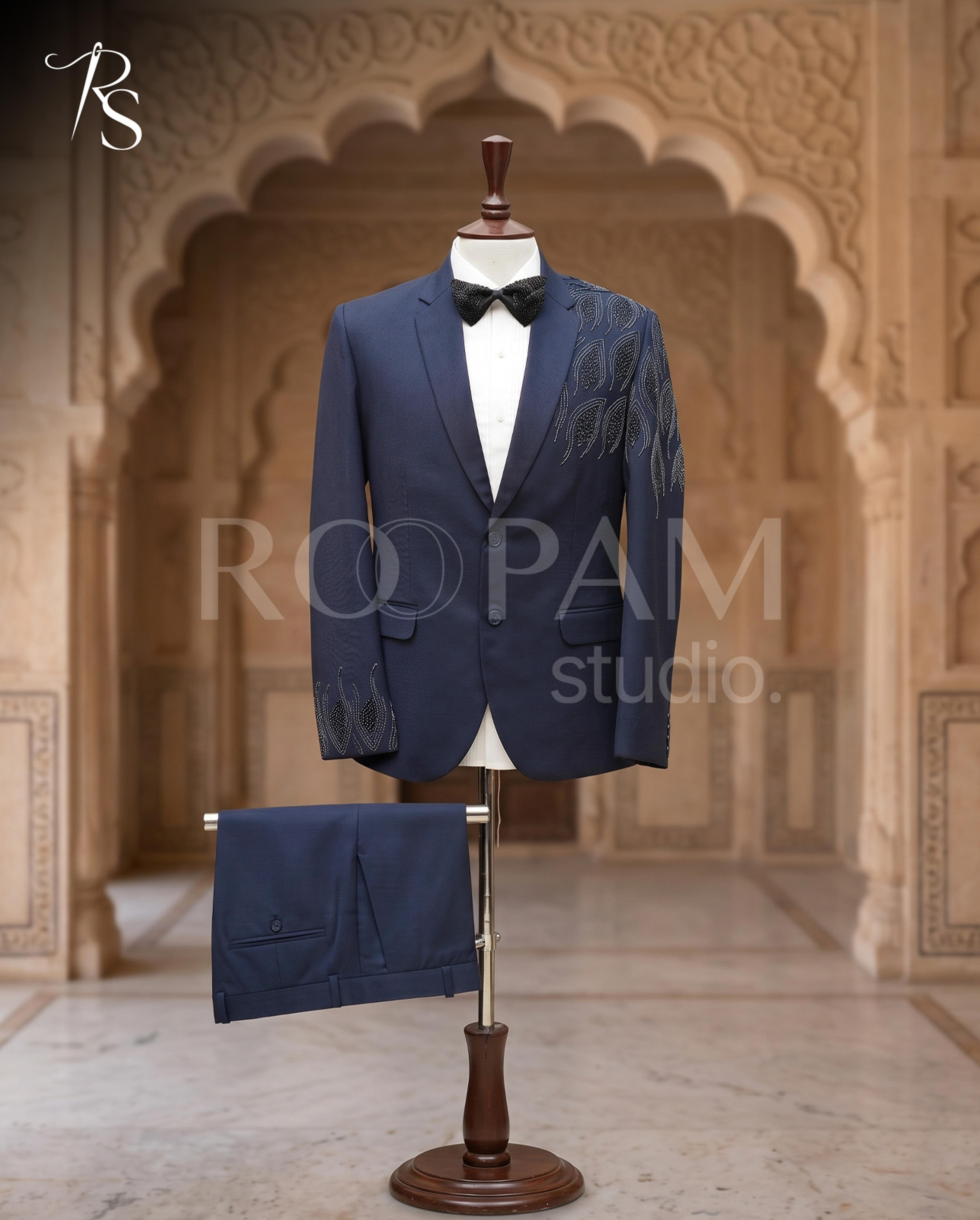 Luxury Navy Blue Asymmetrical "Leaf Motif" Beaded Pant Coat - Thumbnail 3