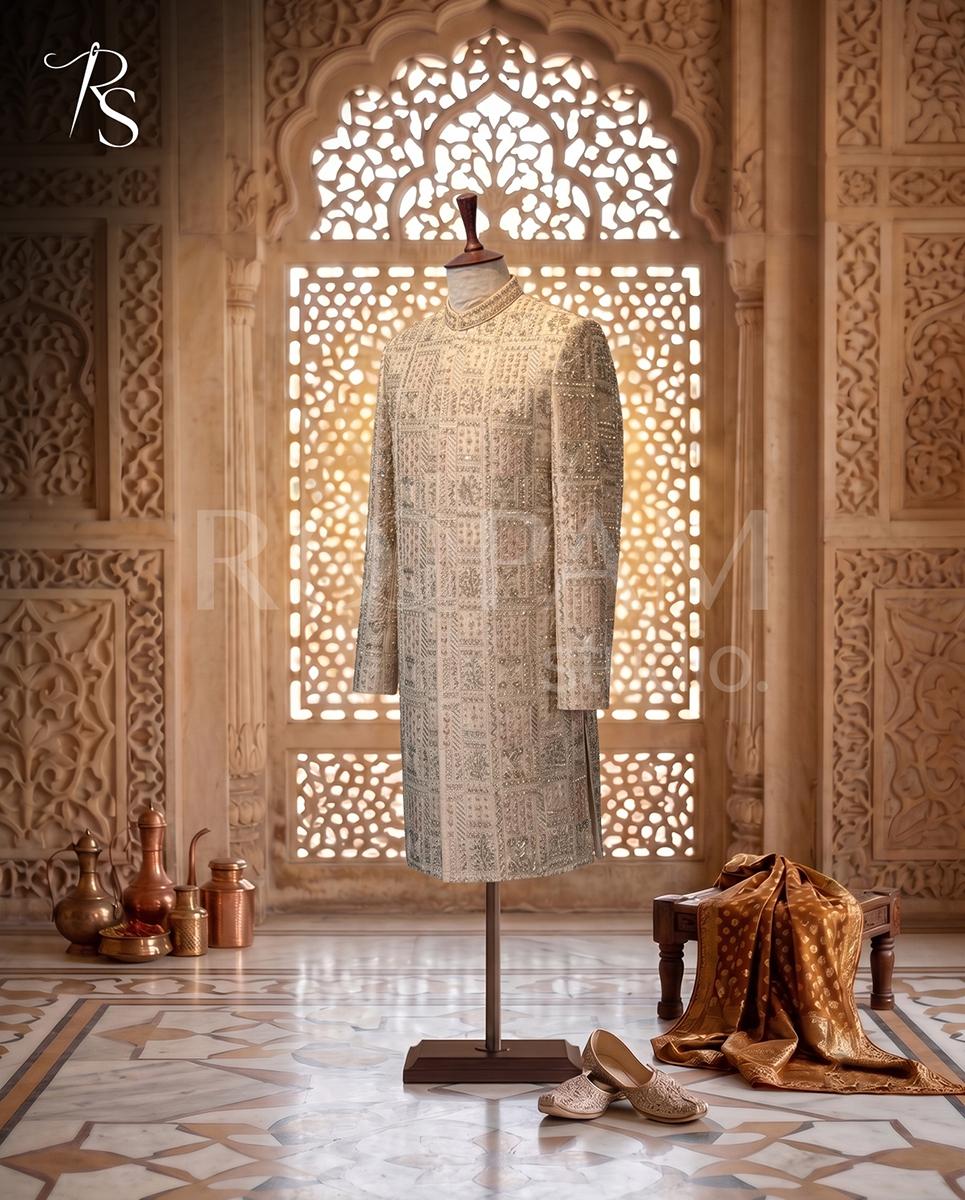 Royal Ivory Grid Embroidered Masoori Sherwani - Image 1