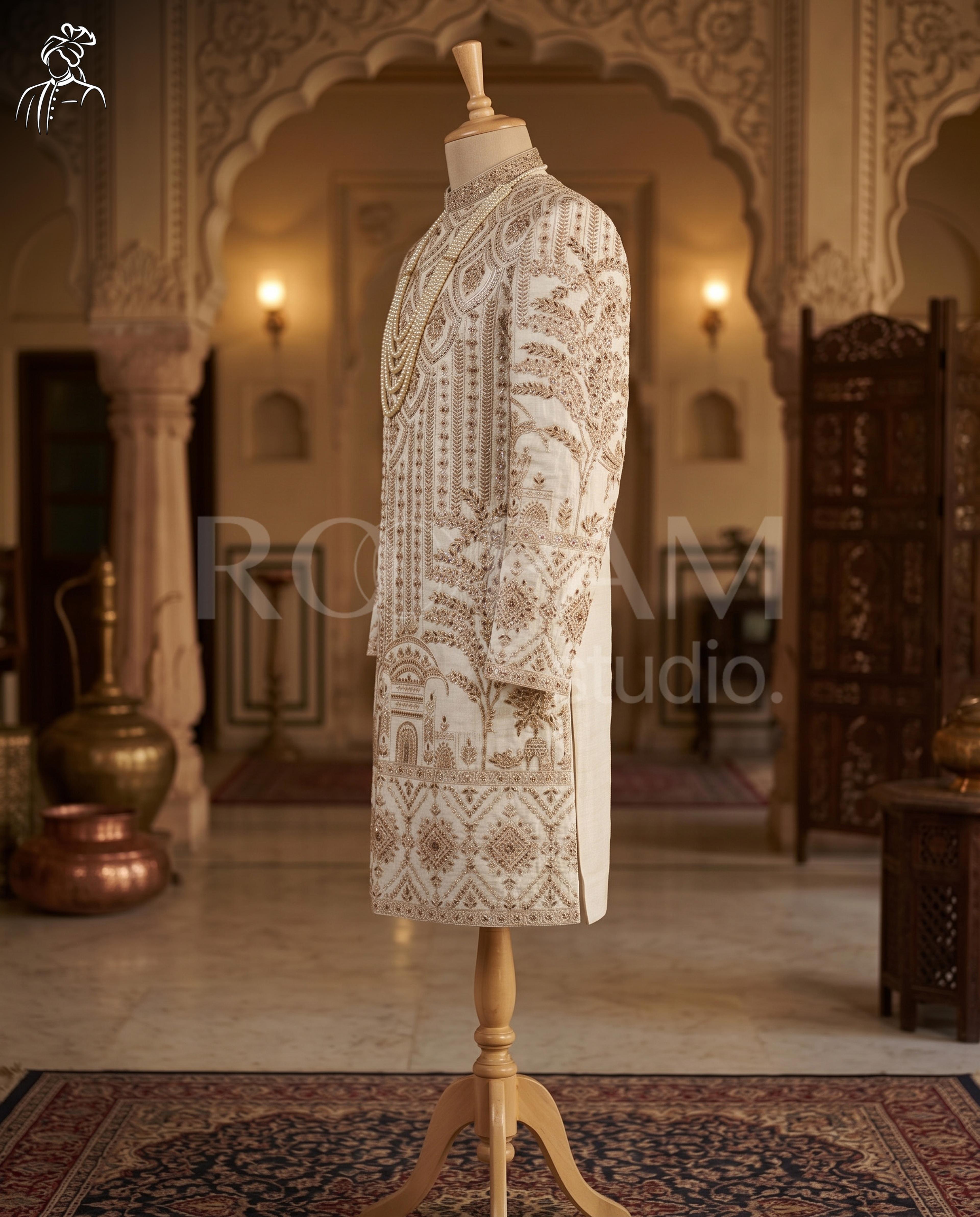 Royal Ivory & Gold Zardosi Embroidered Wedding Sherwani - Thumbnail 2