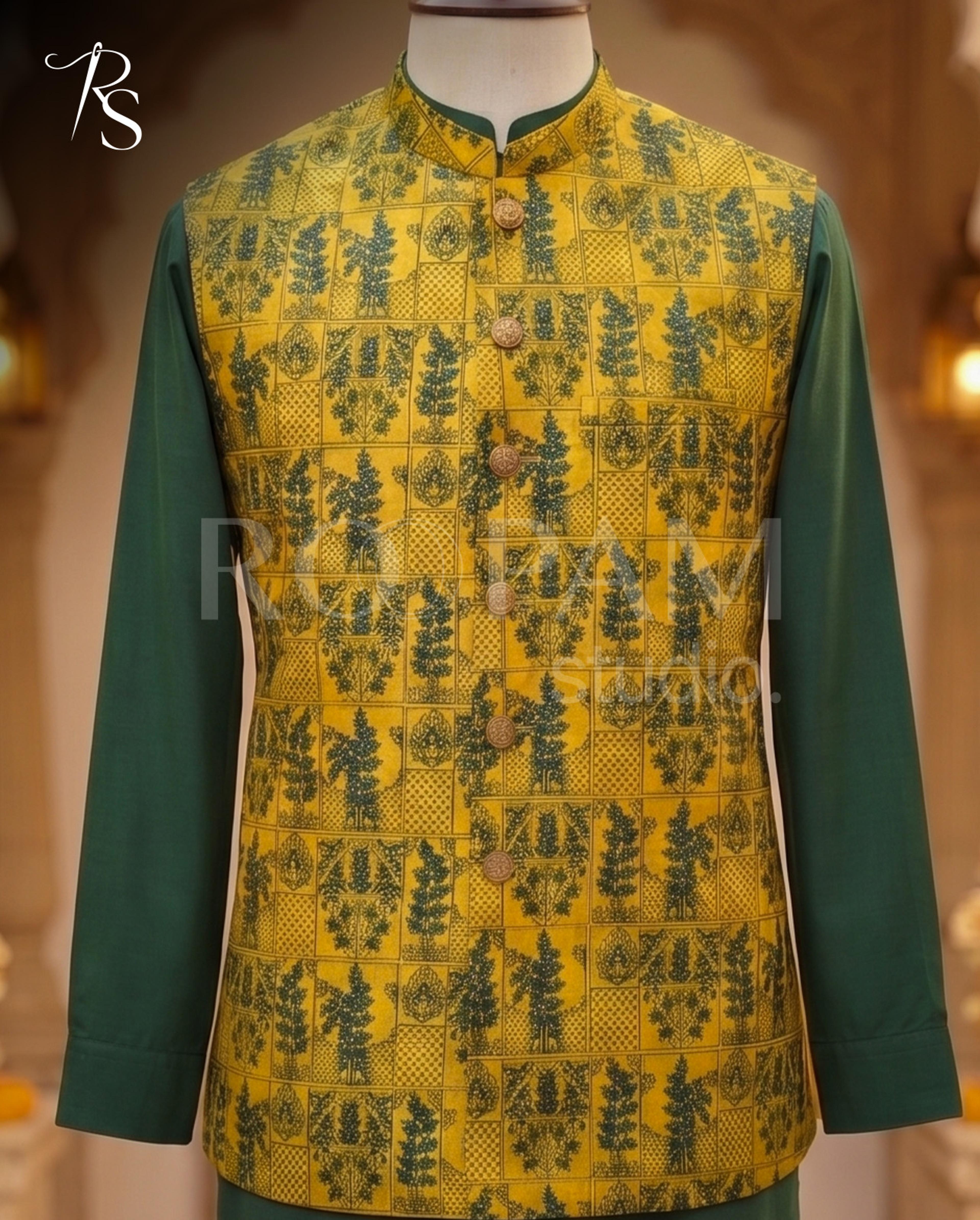 Roopam Studio Printed Yellow Luxury Waistcoat - Thumbnail 2