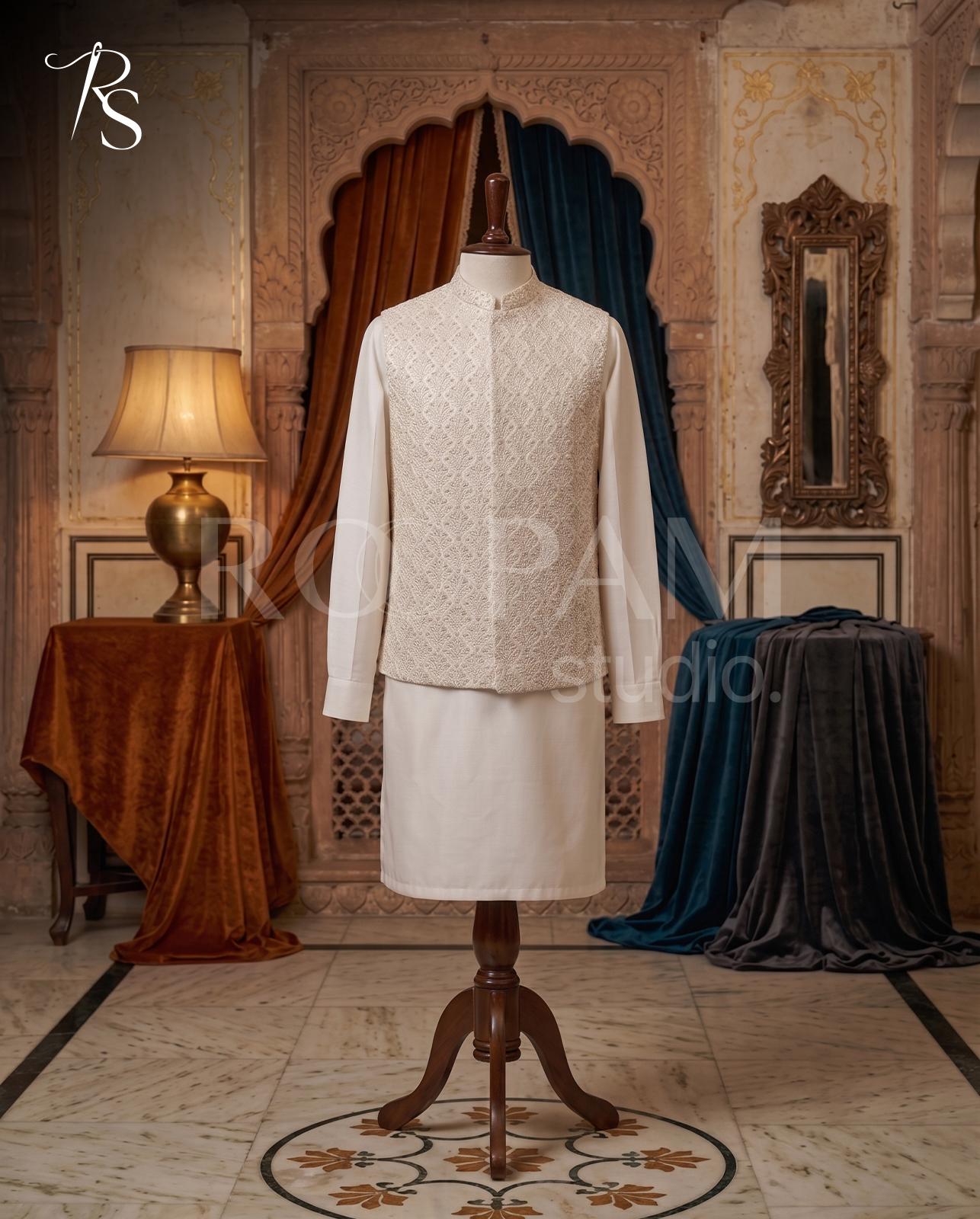 Premium Off-White Embroidered Waistcoat with Kurta Pajama – Nikkah Suit for Men - Image 1