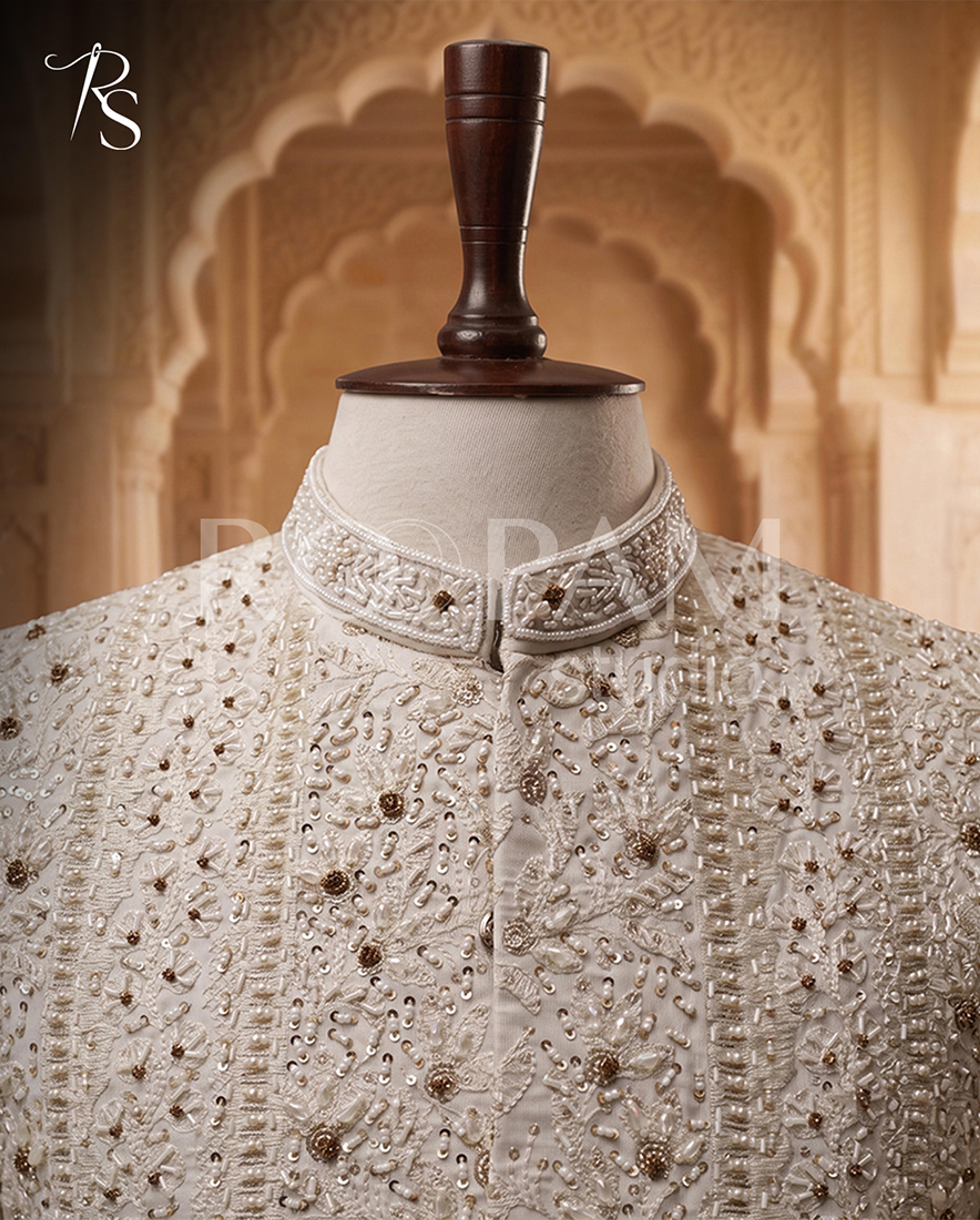 Imperial Ivory Hand-Embroidered Bandhgala Sherwani with Pearl and Sequin Accents - Thumbnail 2