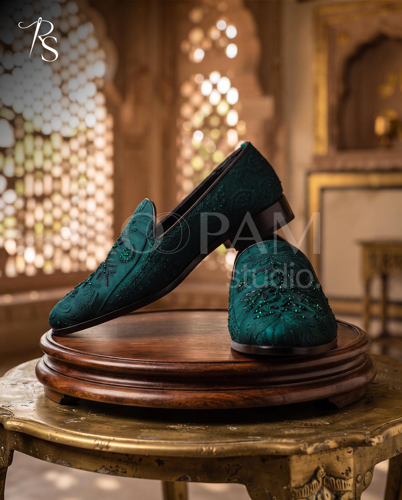Teal Jewel Embellished Loafers - Image 1