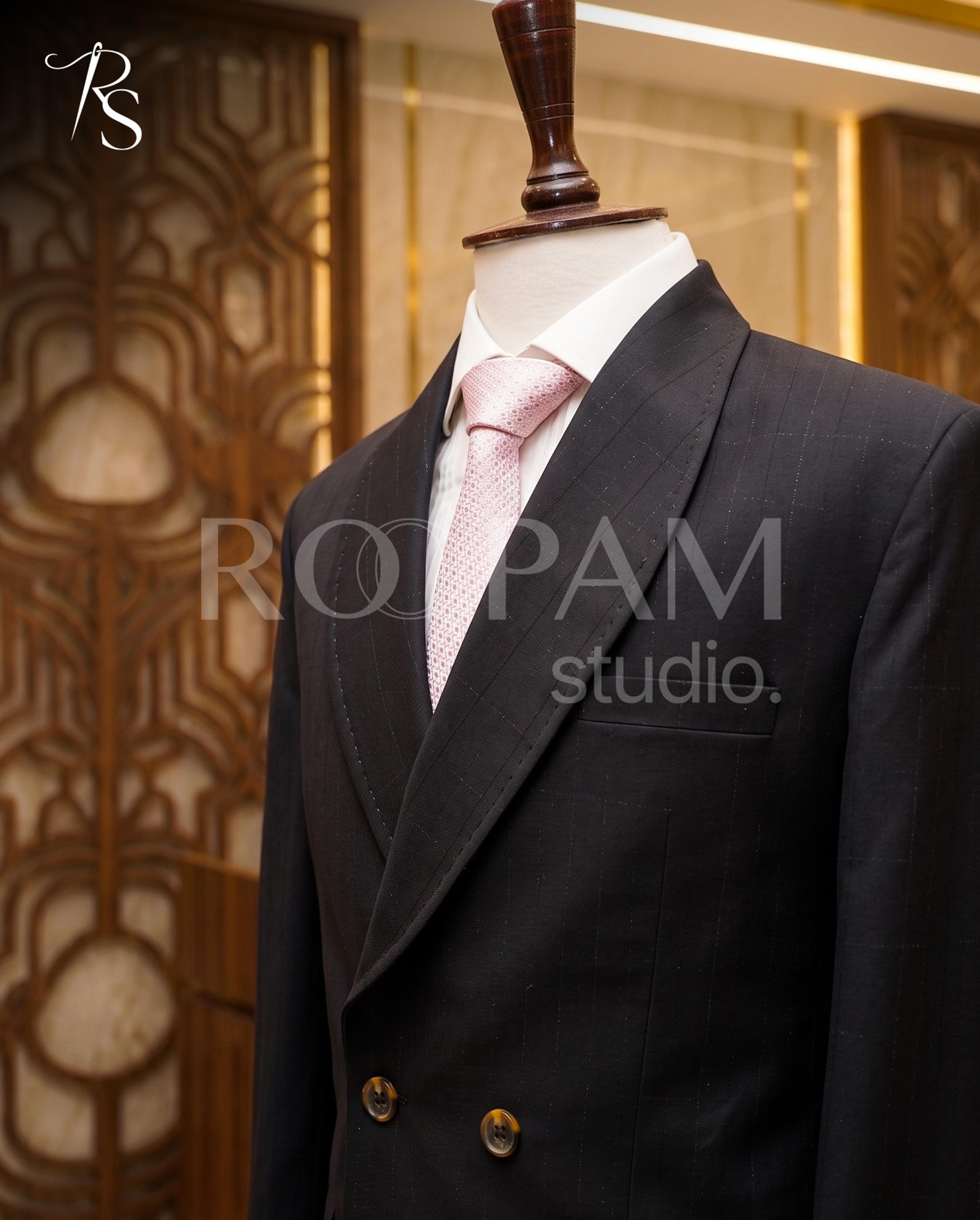 Premium Charcoal Black Pinstripe Double-Breasted Suit with Brown Trousers (2-Piece) - Thumbnail 3