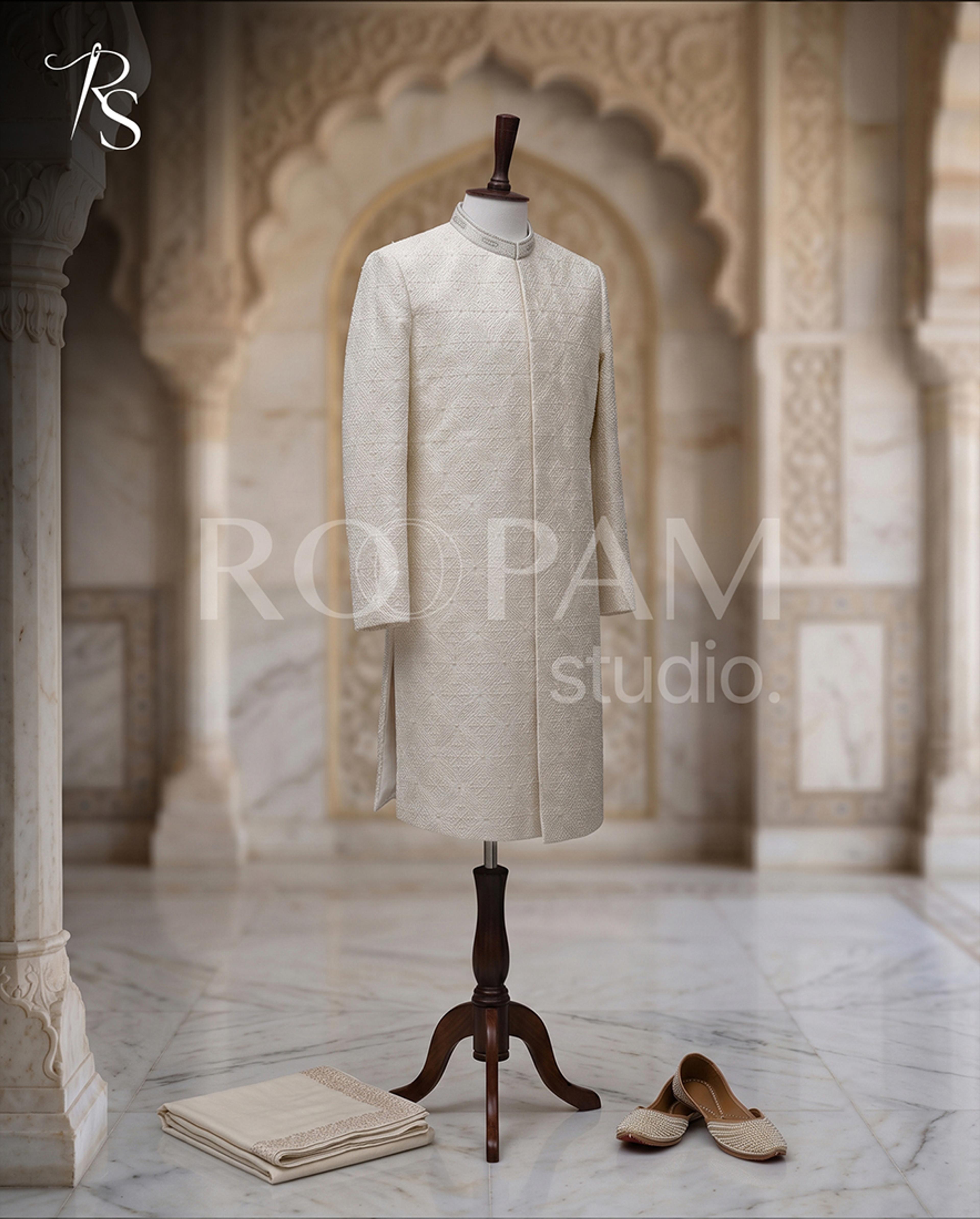 Geometric Pearl Motif Ivory Masoori Sherwani - Thumbnail 1